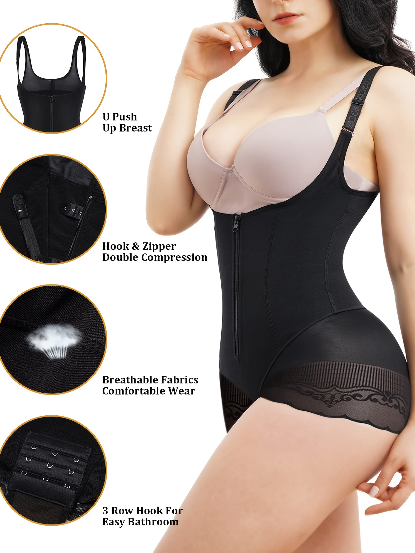 Contrast Lace Shaping Bodysuit Tummy Control Slimming Zip - Temu