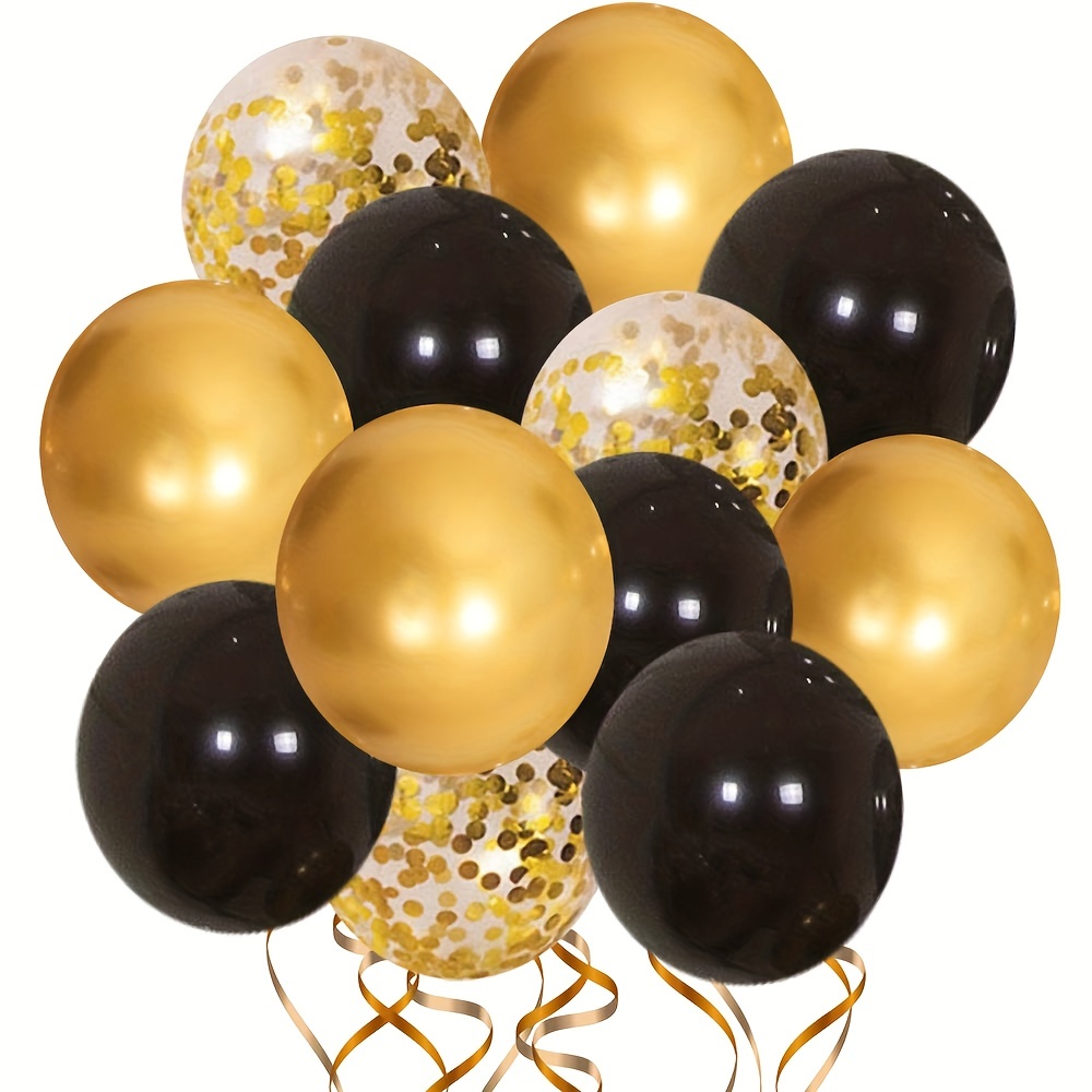 Globos negros y dorados, 60 globos dorados y negros de 12 pulgadas con 1  cinta para decoración de graduación, cumpleaños, baby shower, boda, fiesta