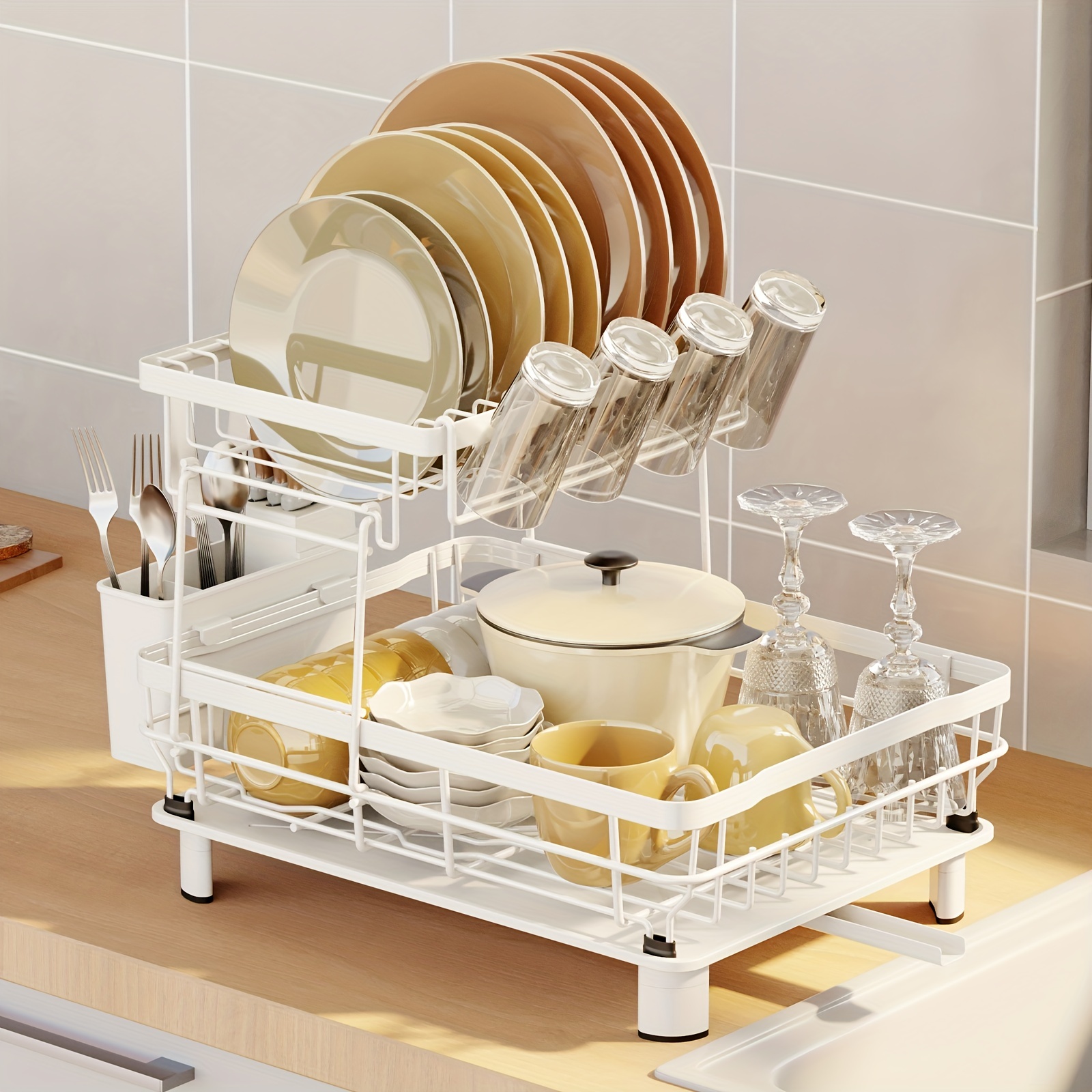 2 Tier Dish Drying Rack With Utensil Holder - Large Countertop Dish Drainer  And Drainboard Set For Efficient Dishwashing And Organization - Temu Poland