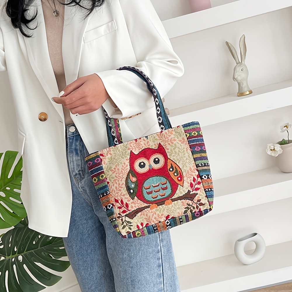 Embroidered Canvas Tote Bag with Geometric Pattern Strap