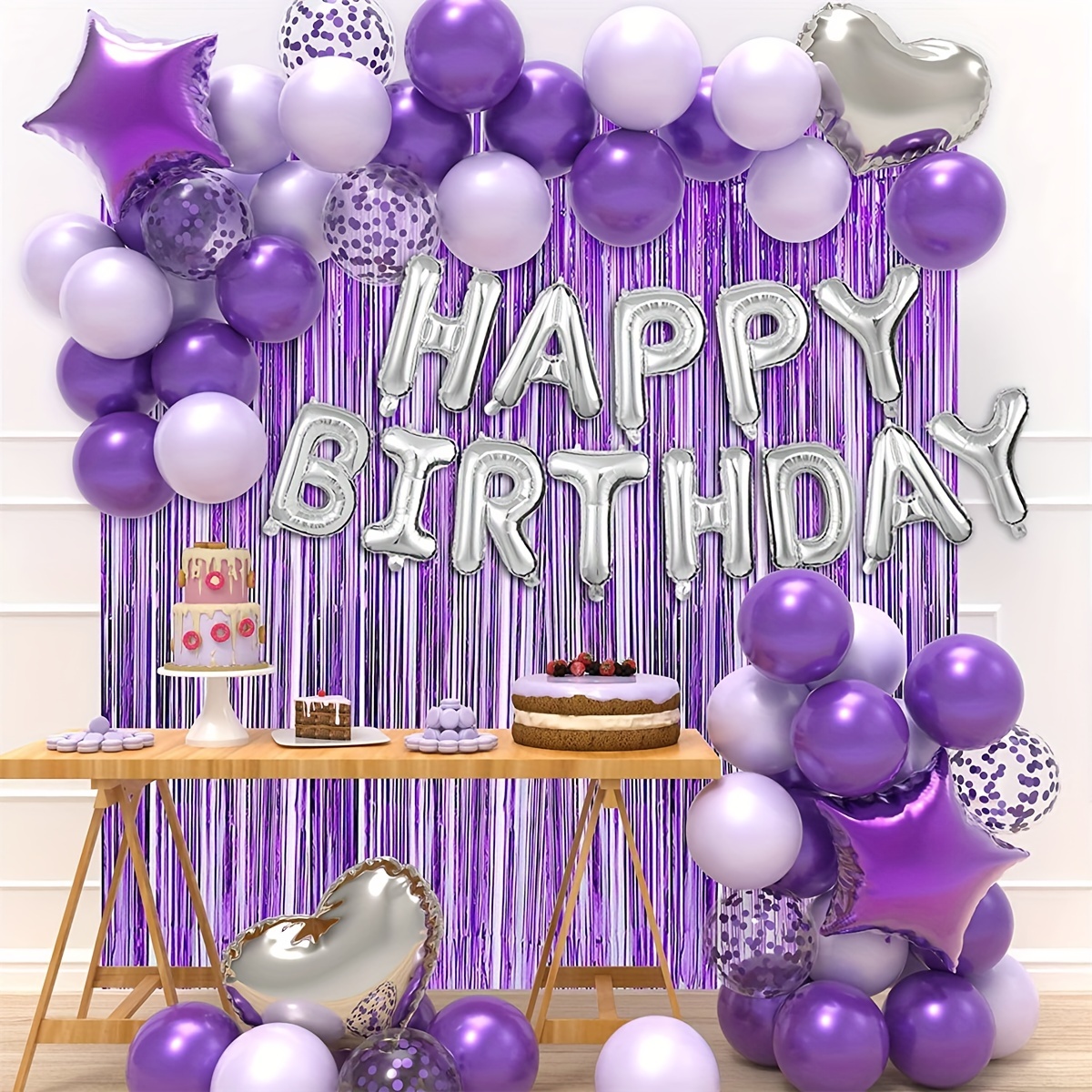 49 pièces décoration de fête d'anniversaire lettres de joyeux anniversaire  bannière de ballon en aluminium avec ensemble de ballons violets et  argentés, rideaux à pompons en aluminium violet pour fête d'anniversaire de