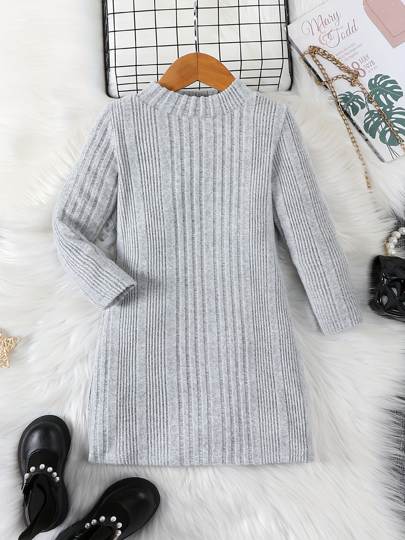 Girls Casual Knitted Thermal Crew Neck Sweater Dress For Winter