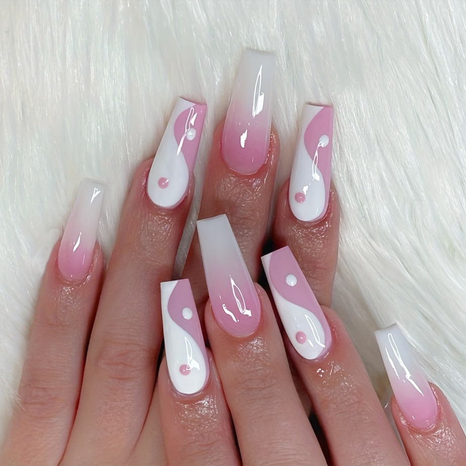 Coffin Matte Pink On Pink French Press On Nails, 24pcs/set Smile Pattern &  3D Rhinestone Fake Nail For Women And Girls
