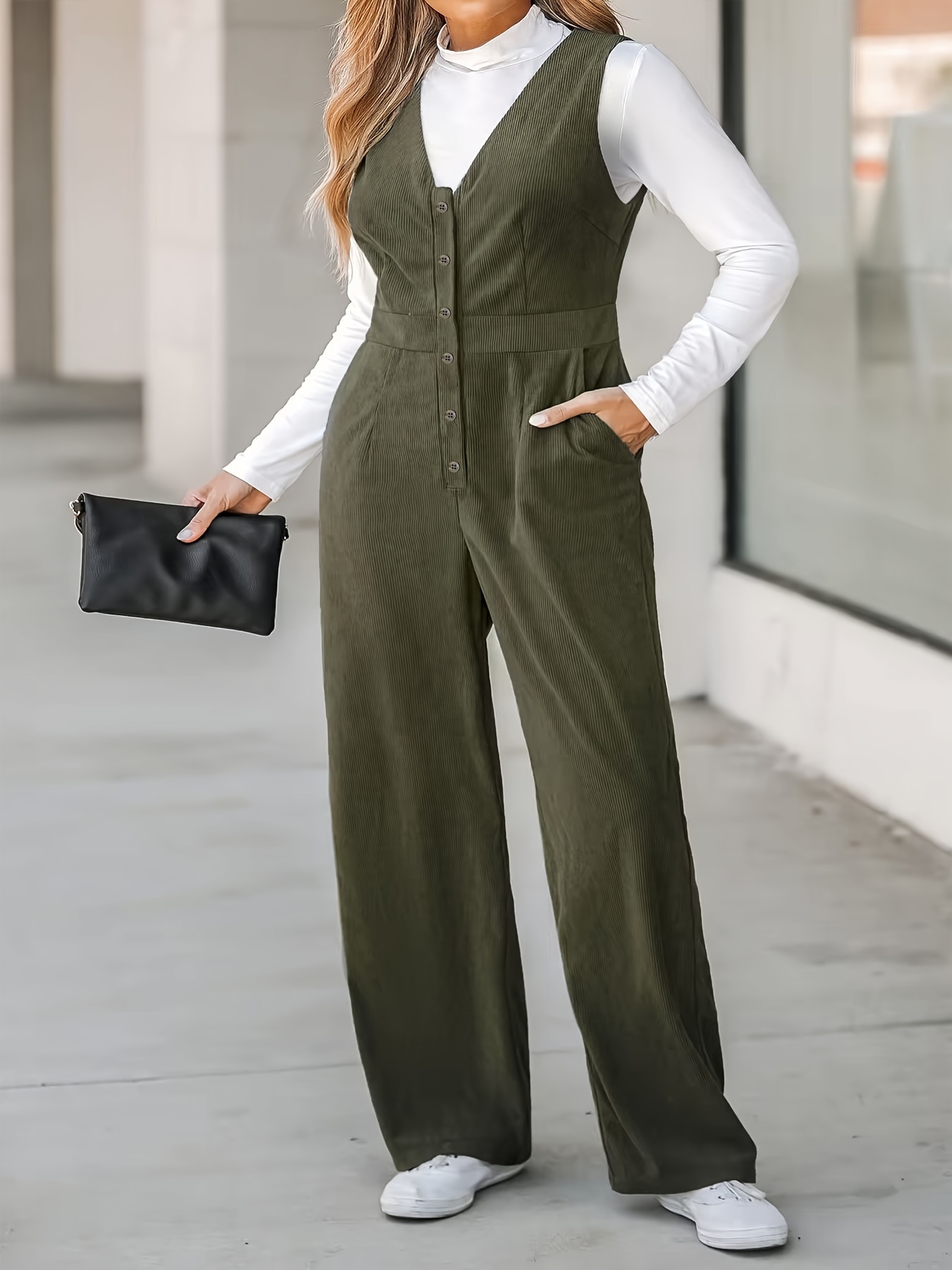 Women Olive Corduroy Pouch Pocket Drawstring Pants