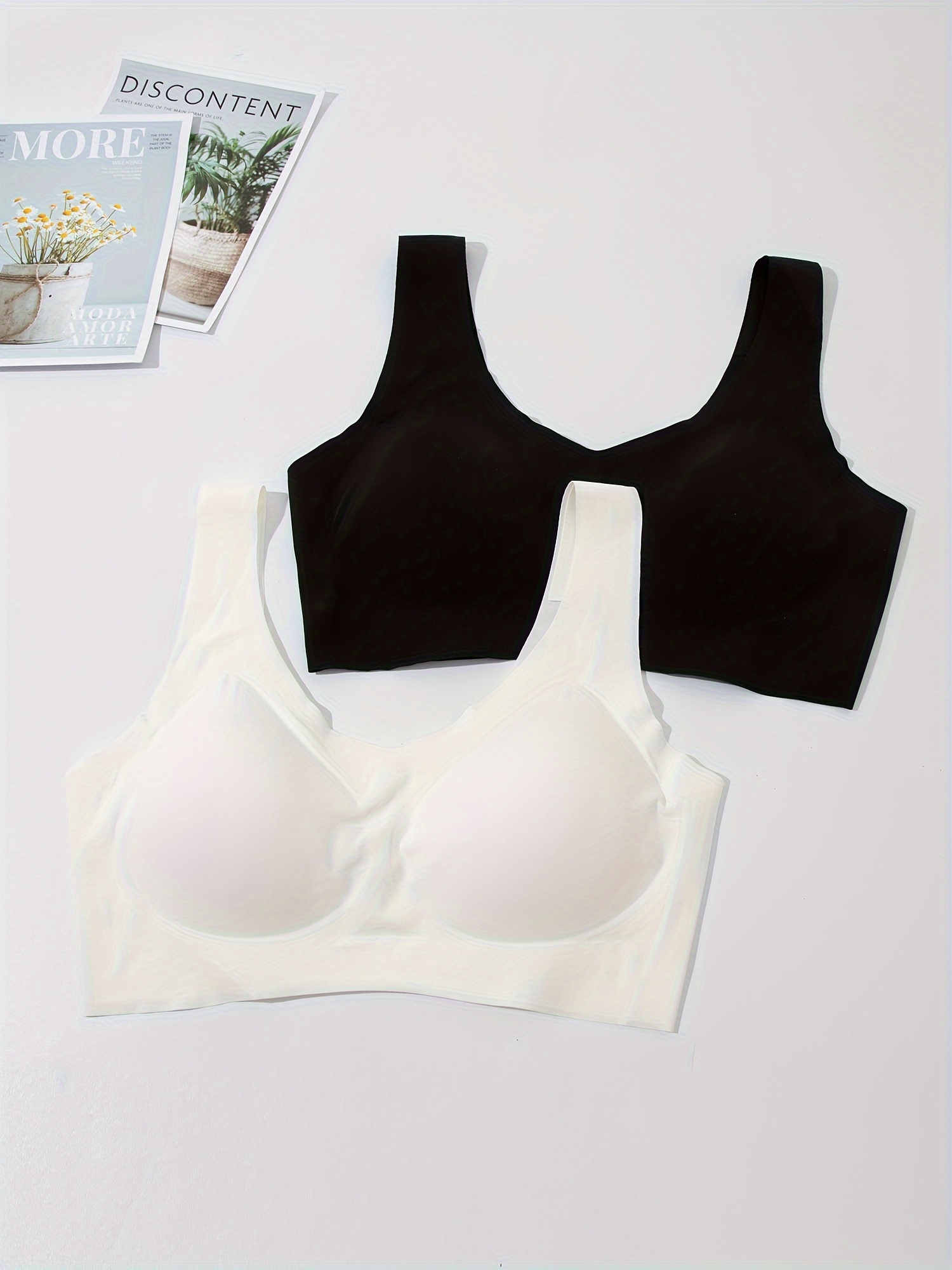 Bras for Women Wirefree - Whitr/Black- 2pcs, Removable Pads
