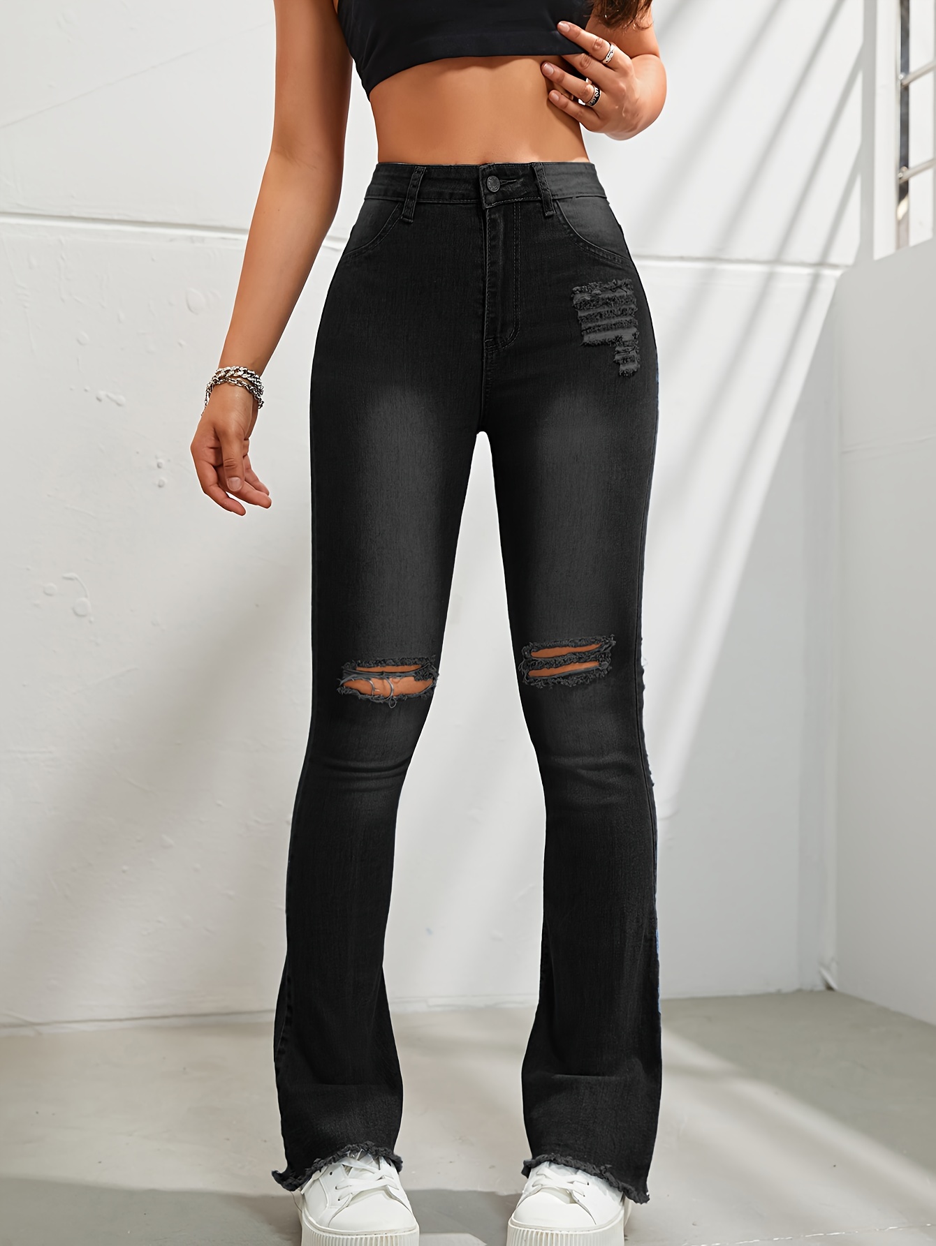 Plain Pipped Holes Flare Jeans, Slash Pockets Distressed High