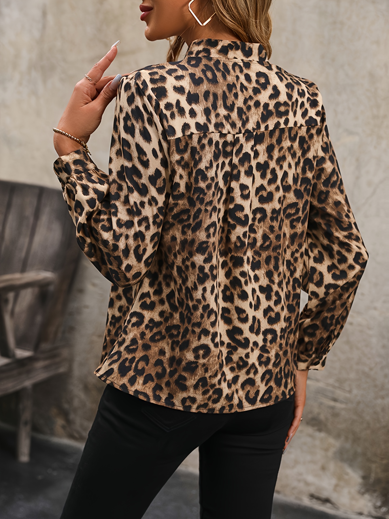 leopard print v neck shirt casual long sleeve shirt for every day womens clothing
