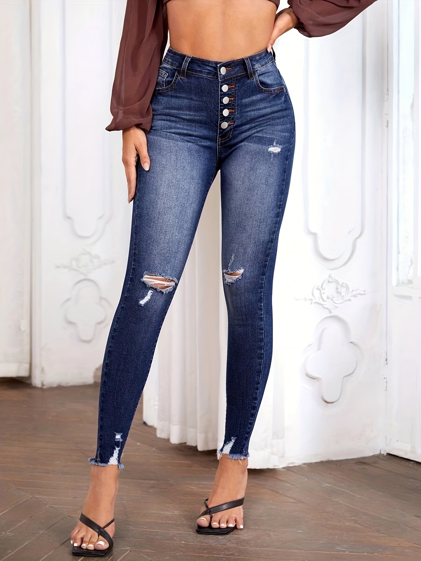 Ripepd Single-breasted * Hem Denim Pants, High * Stretchy Button-fly Skinny  Jeans, Women's Denim Jeans & Clothing