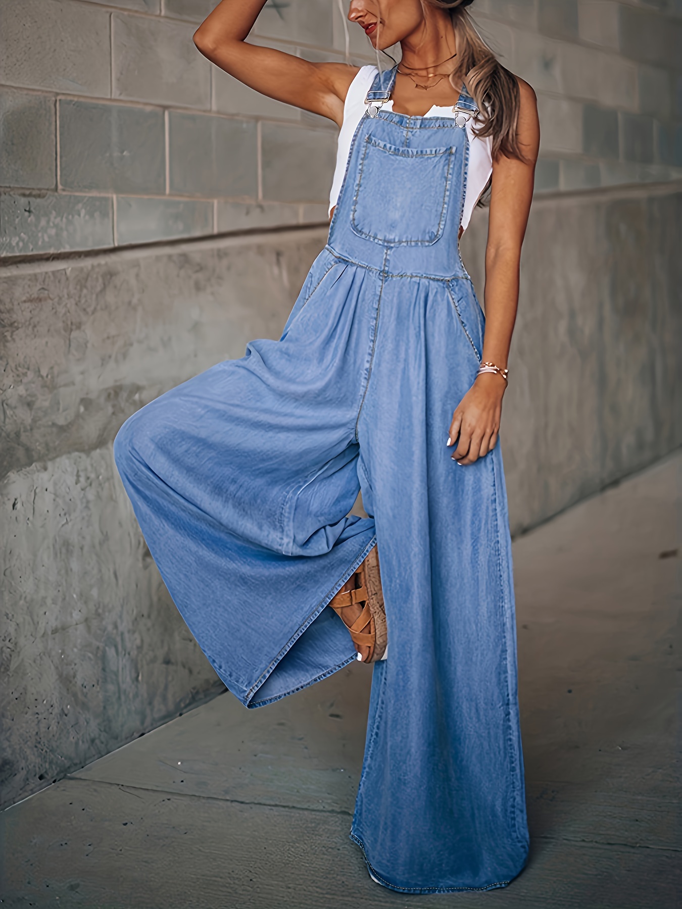 Women Fashion Denim Jumpsuit Distressed Pockets Casual Dungaree Overalls  S-5XL