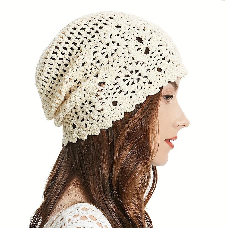

Vintage Flower Crochet Beanie Solid Color Hollow Out Breathable Knit Hats Elegant Skull Cap Beanies For Women Female
