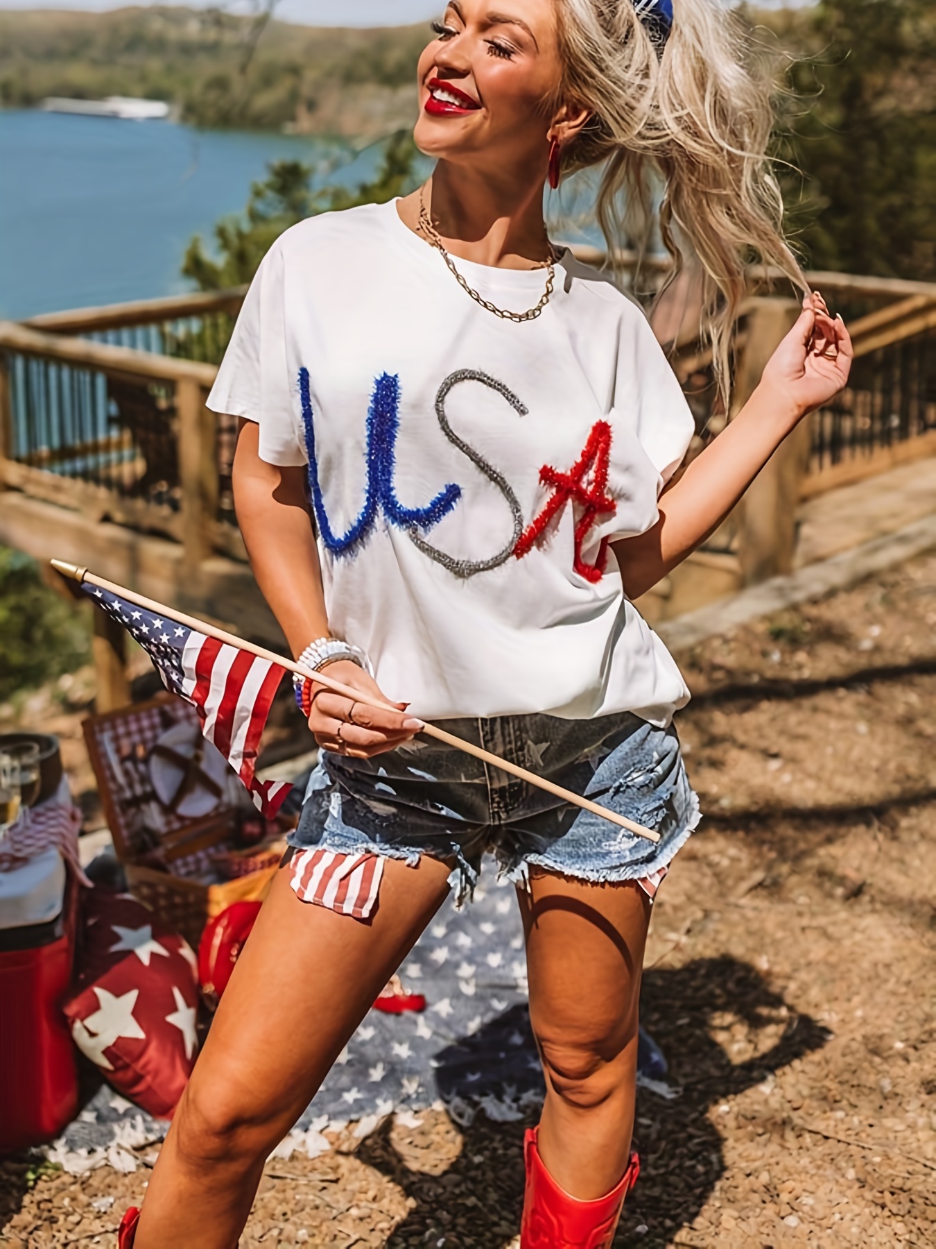 Letter USAパターンクルーネックTシャツ 春夏用のカジュアルな半袖T 