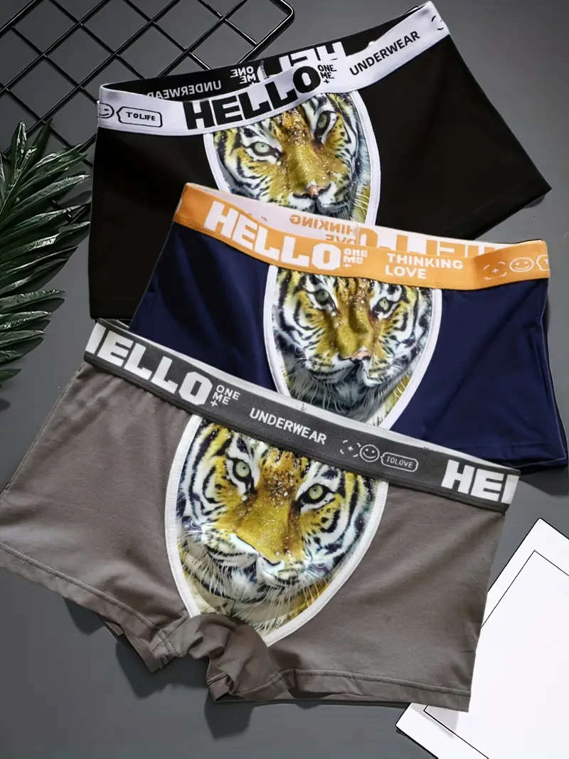 3pcs Men's Tiger Head Print Fashion Cotton Breathable Comfortable Boxers  Briefs Underwear