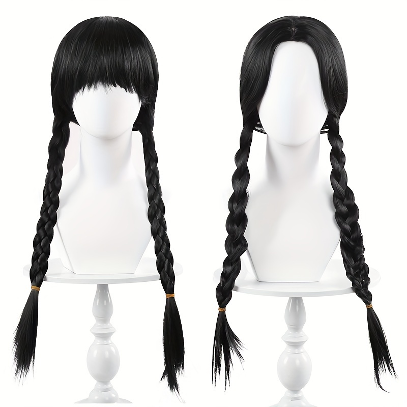 

Festive Halloween Cosplay Wig: Black Braided Synthetic Hairpiece With Bangs For Women And Girls - P/k Silk, Body Wave, Universal Fit