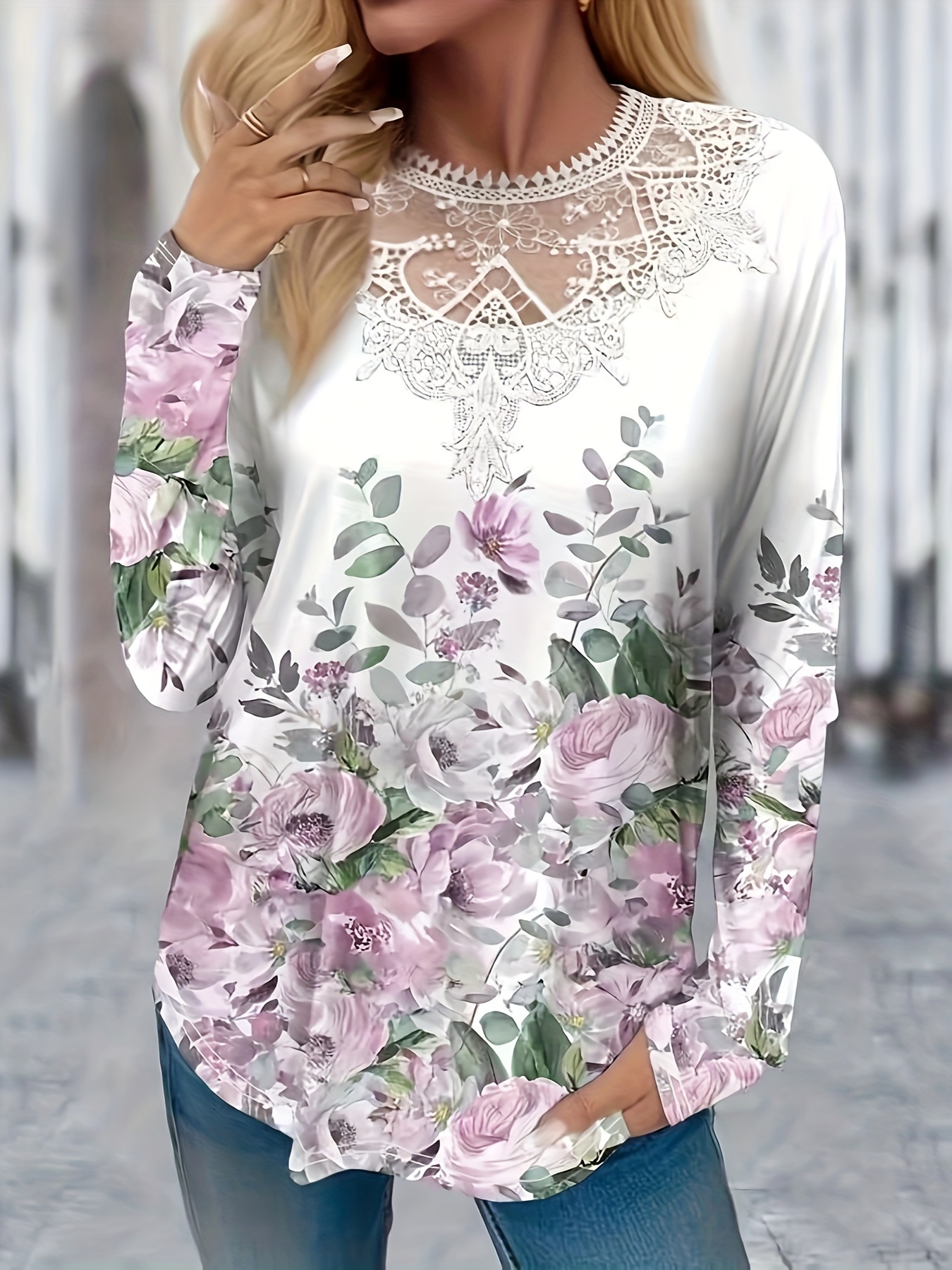 Floral Print Lace Stitching Crew Neck T shirt Casual Long - Temu