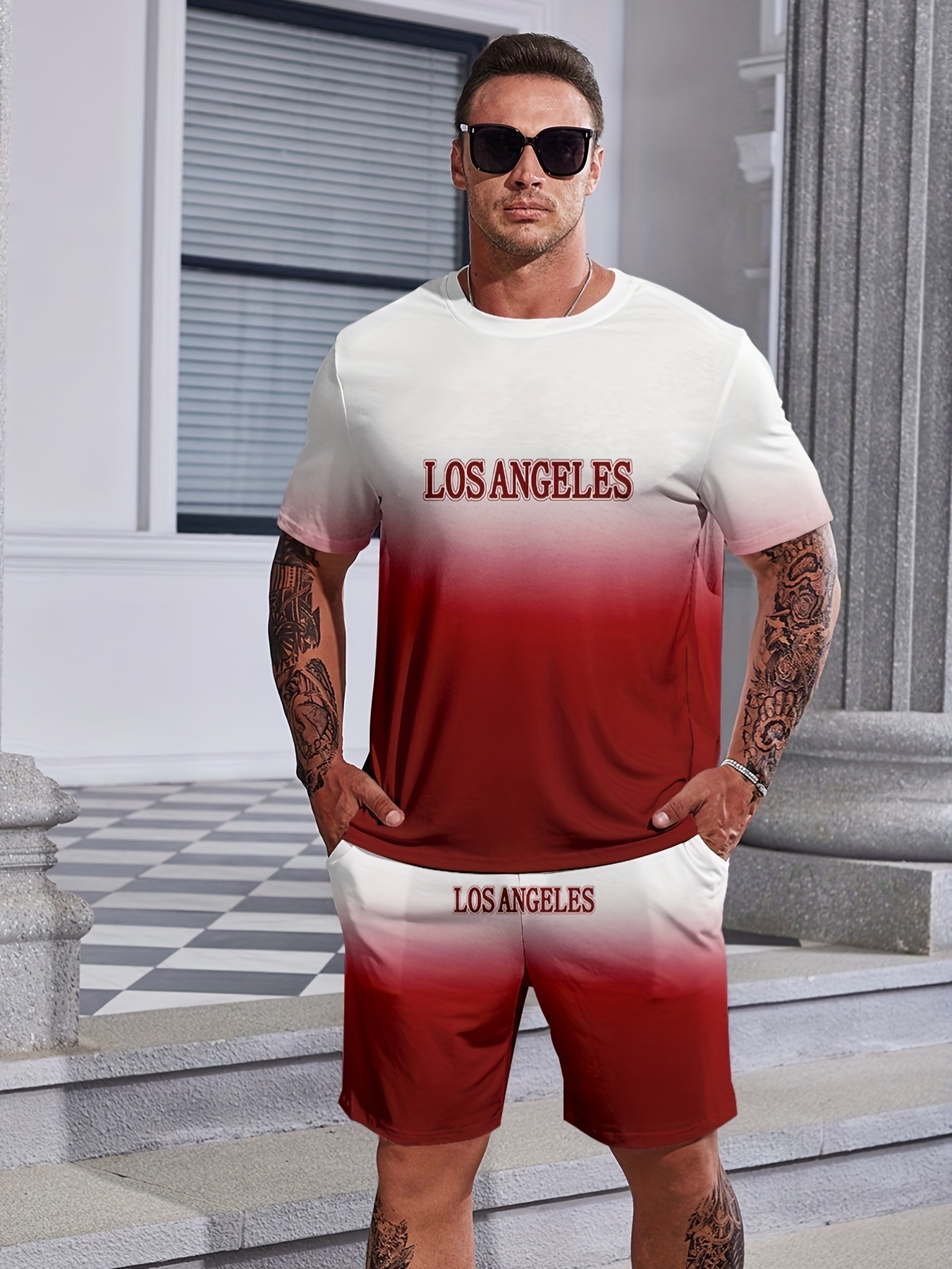 Plus Size Men's Gradient Los Angeles T-shirt & Shorts Set For Spring And  Summer, Oversized Loose Clothing For Big And Tall Guys Best Sellers Gifts