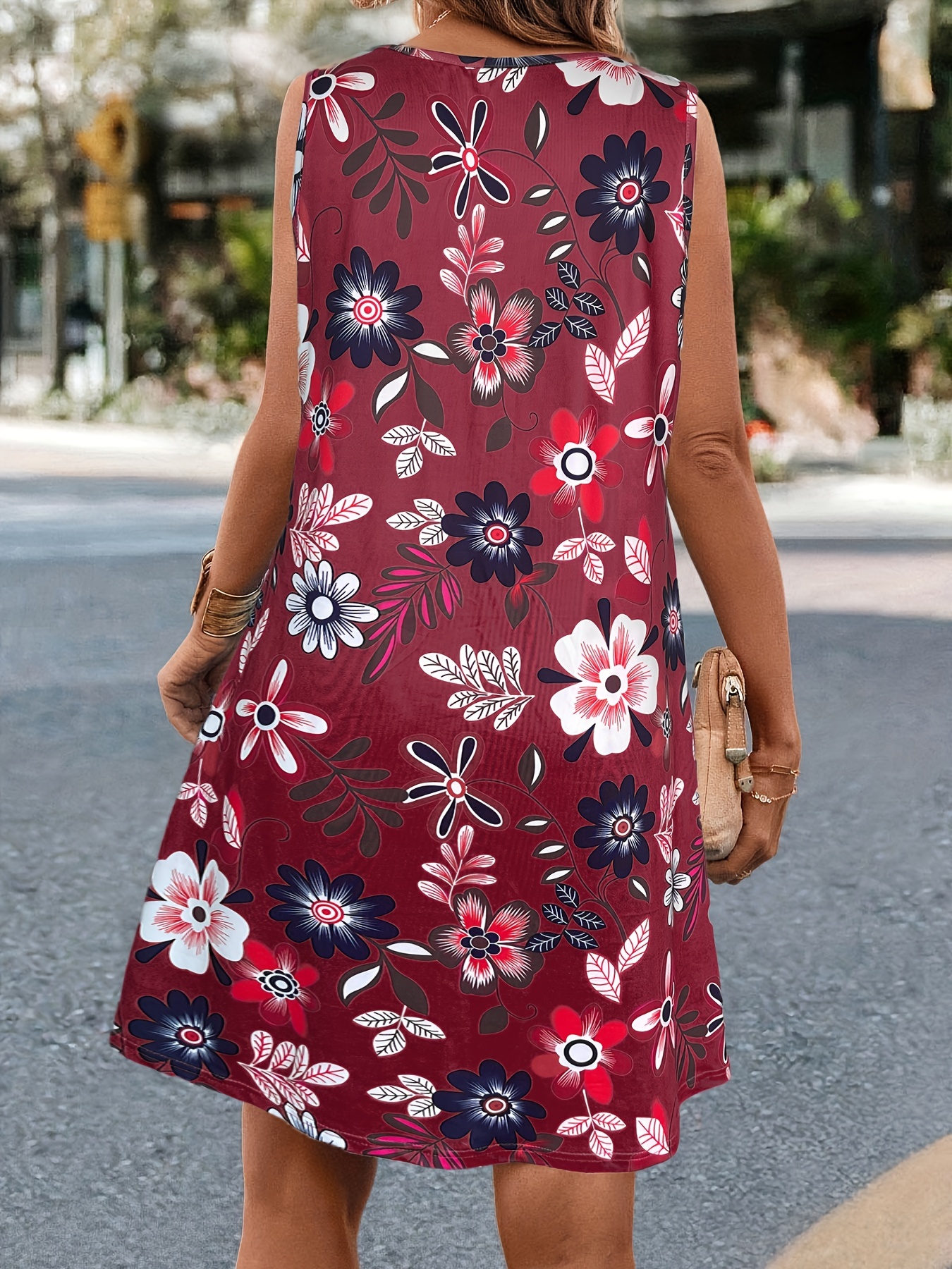 Floral Print Sleeveless Dress Casual Crew Neck Tank Dress - Temu