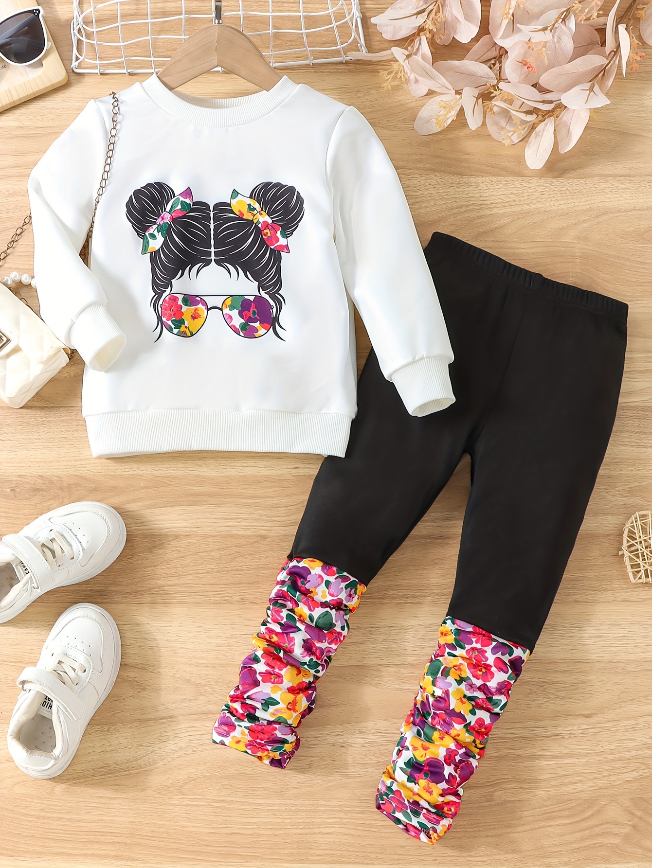 Girl's Floral Pattern Outfit Portrait Graphic Sweatshirt - Temu Canada