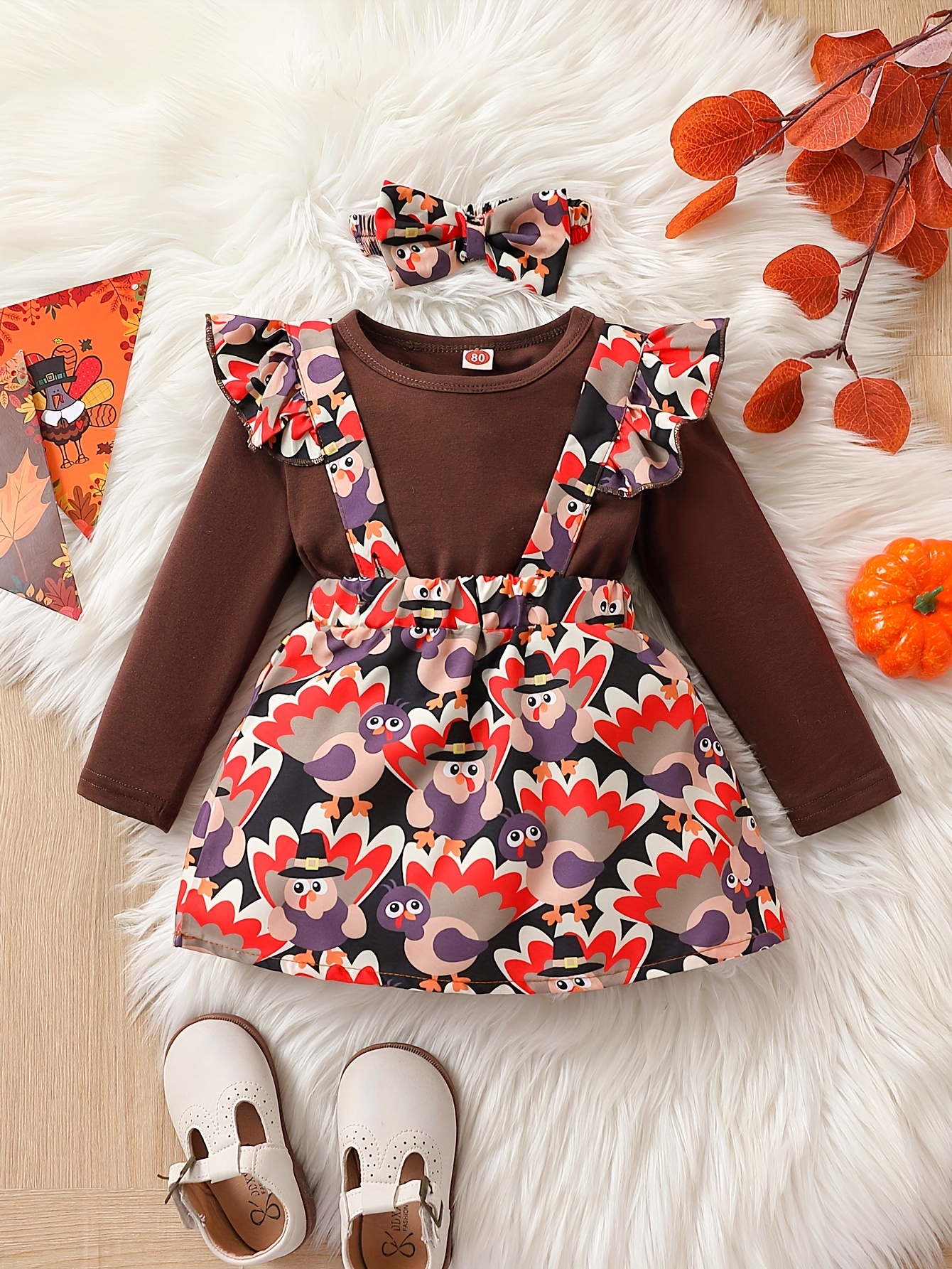 Girl's Thanksgiving Outfit Turkey Allover Print Overall - Temu