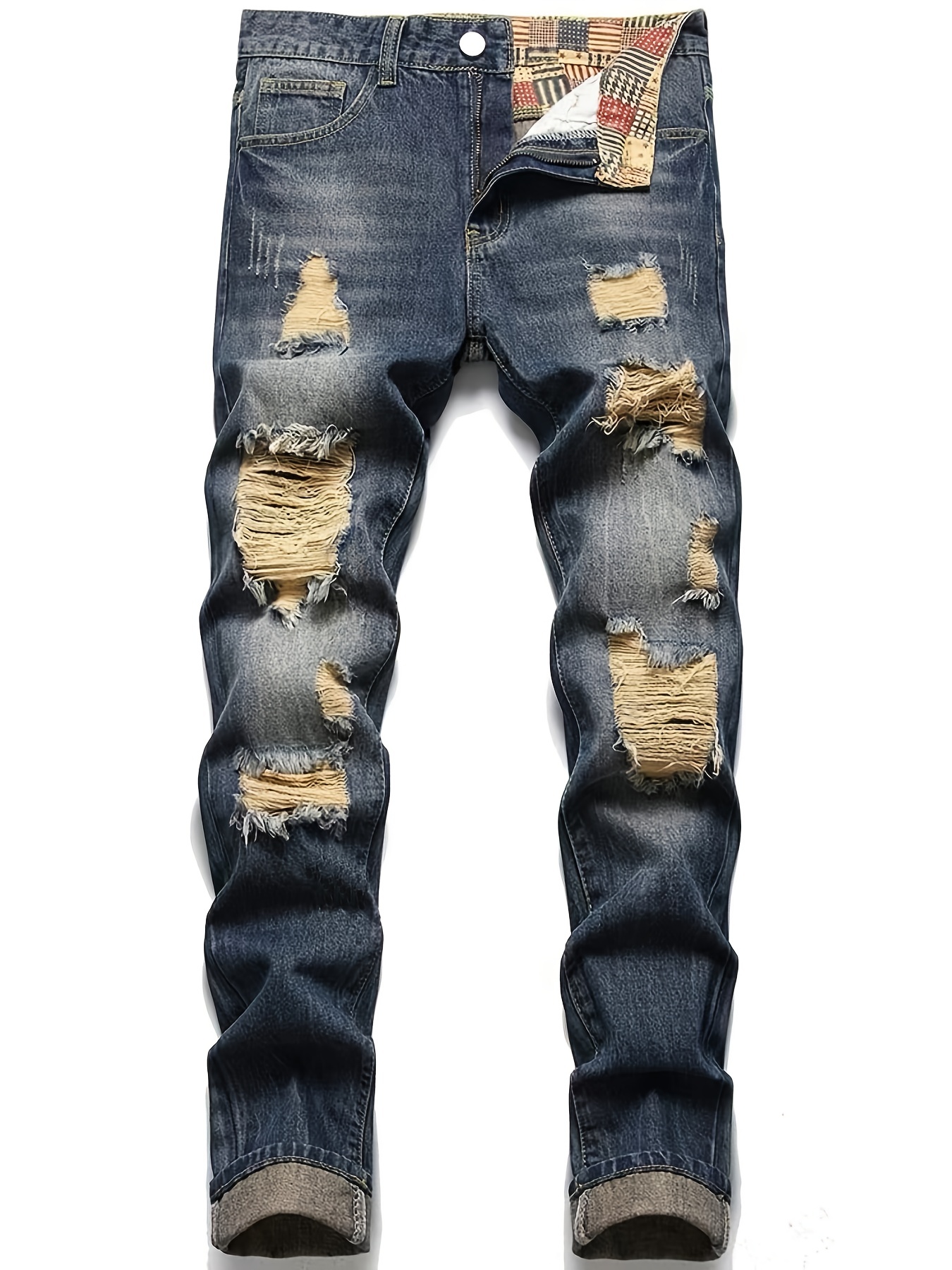 Men's Blue Denim Jeans Straight Tassel Casual Pants Frayed Street Punk  Trousers