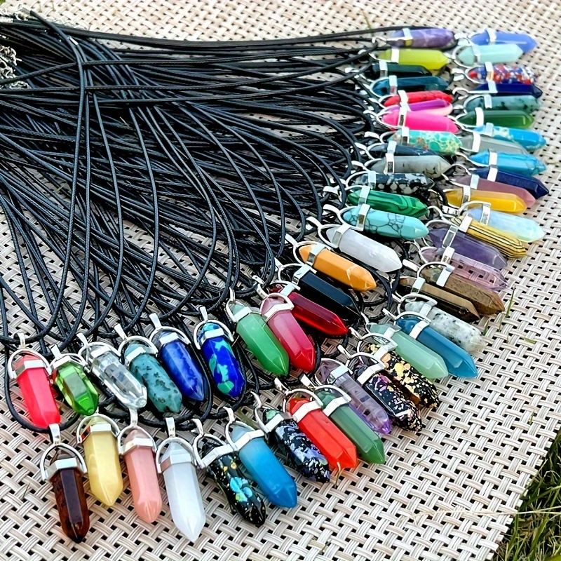 10 20 30pcs Multi Color Crystal Pointed Chakra Pendant Black Leather  Necklace Chain Necklace Jewelry Chakra Crystal Gemstone Pendant Necklace  Set Hexagonal Bullet Shaped Quartz Stones Leather Chain New Year Gifts