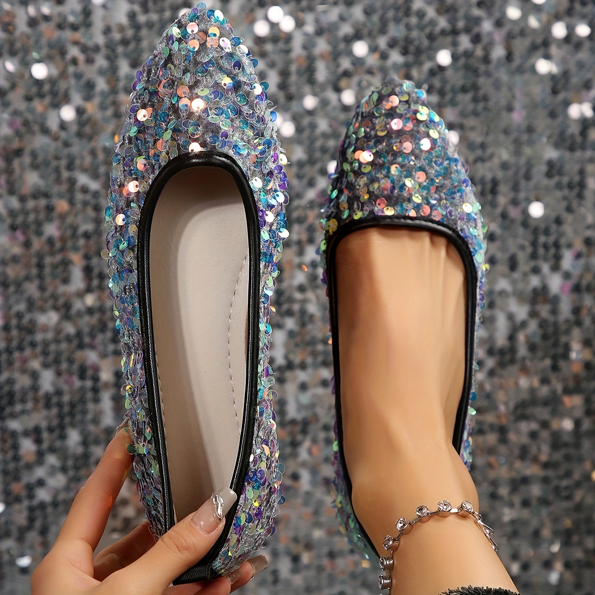 Women's Casual Glitter Shoes Mesh Ladies Sequin Flat Shoes for