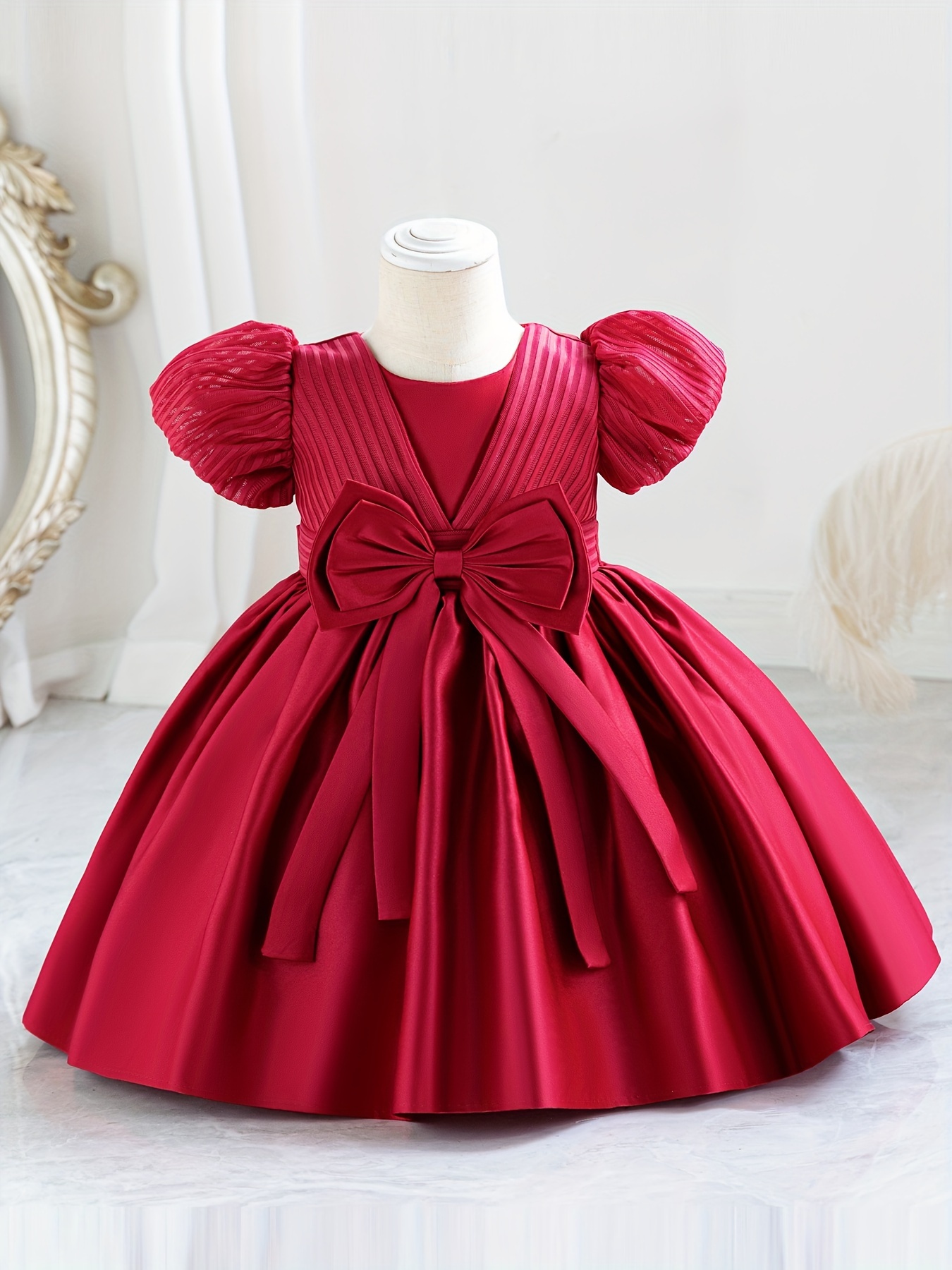Kid Girl Solid Color Bowknot Design Cut Out Short-sleeve Dress