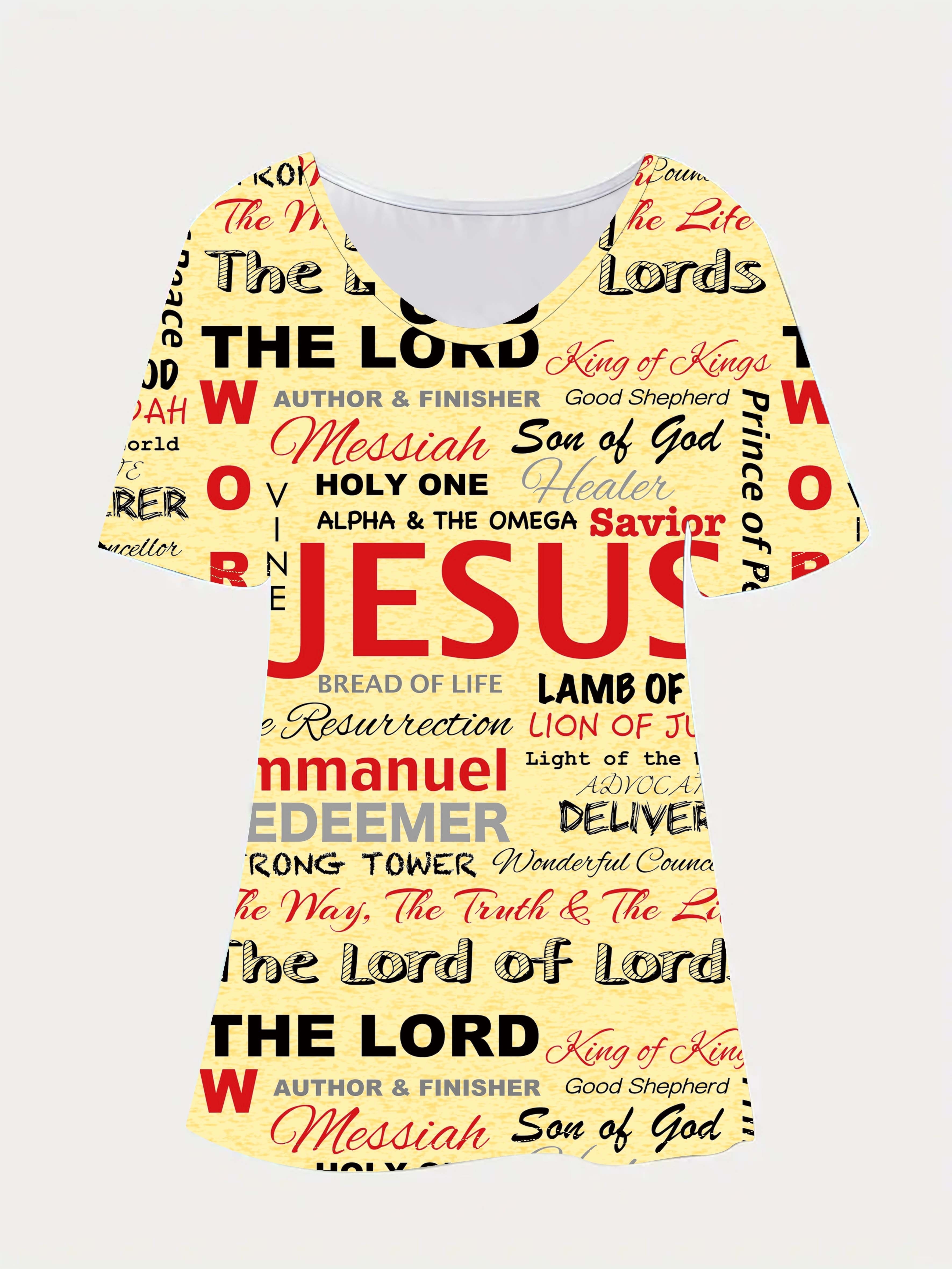 Jesus Letter Full Print T-shirt, Casual V Neck Short Sleeve T