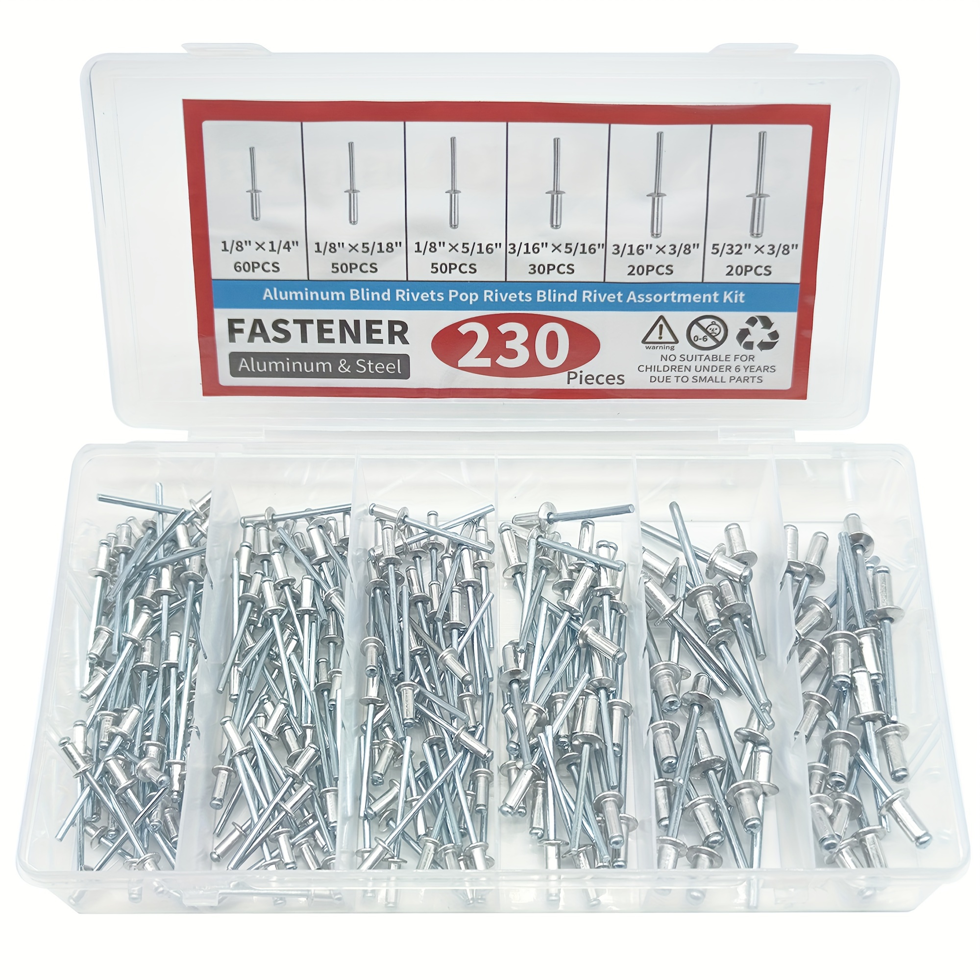 Image of 230/505pcs Pop Rivets Assortment Kit, 9 Sae Sizes Rivets (1/8" 3/16" 5/32"), Assorted Blind Rivets With Reinfored Divider & Labeled Case