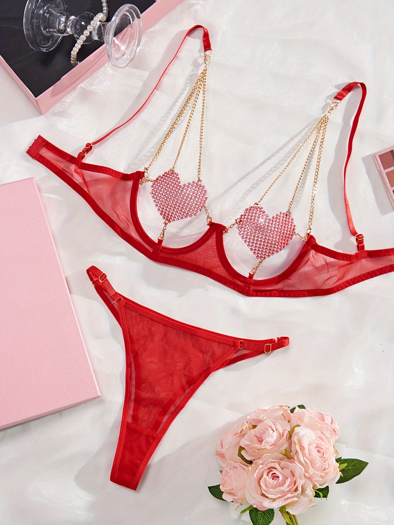 Heart Pattern Lingerie Set, Cut Out Bra & Thong, Women's Sexy Lingerie &  Underwear