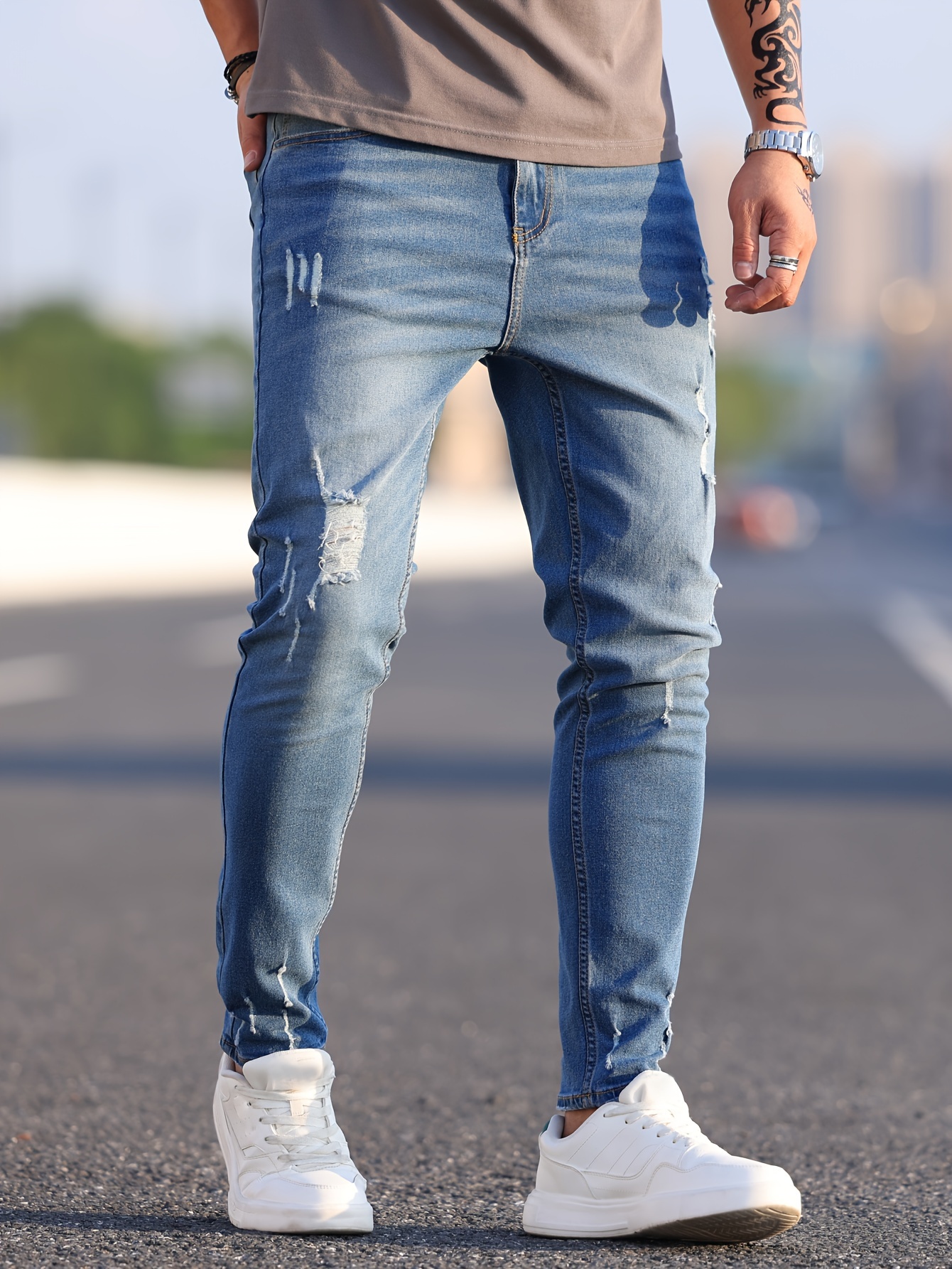 Slim Fit Ripped Tapered Jeans Men's Casual Street Style - Temu Canada