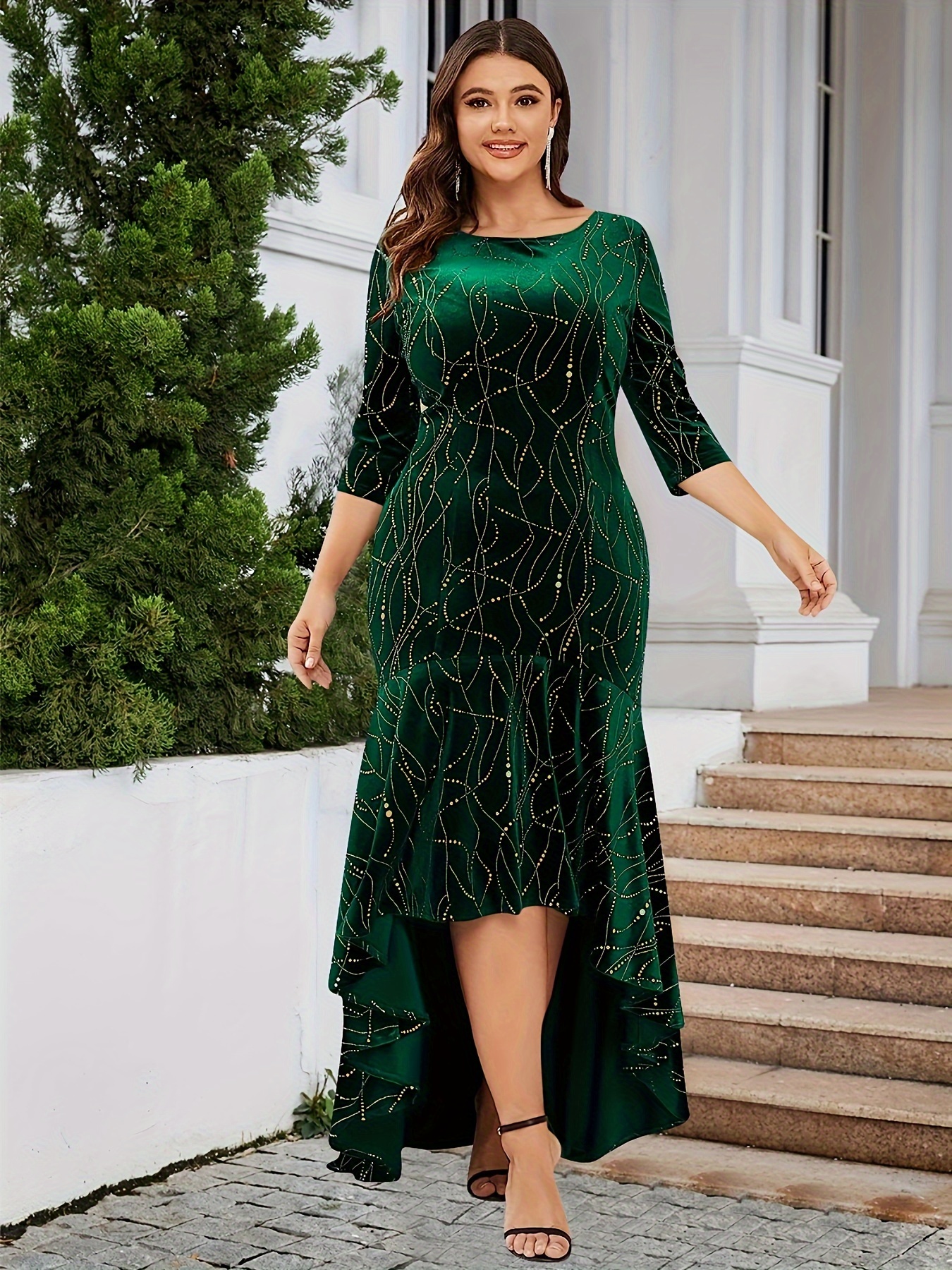 Plus Size Elegant Dress Women's Plus Golden Dot Print Velvet - Temu Canada