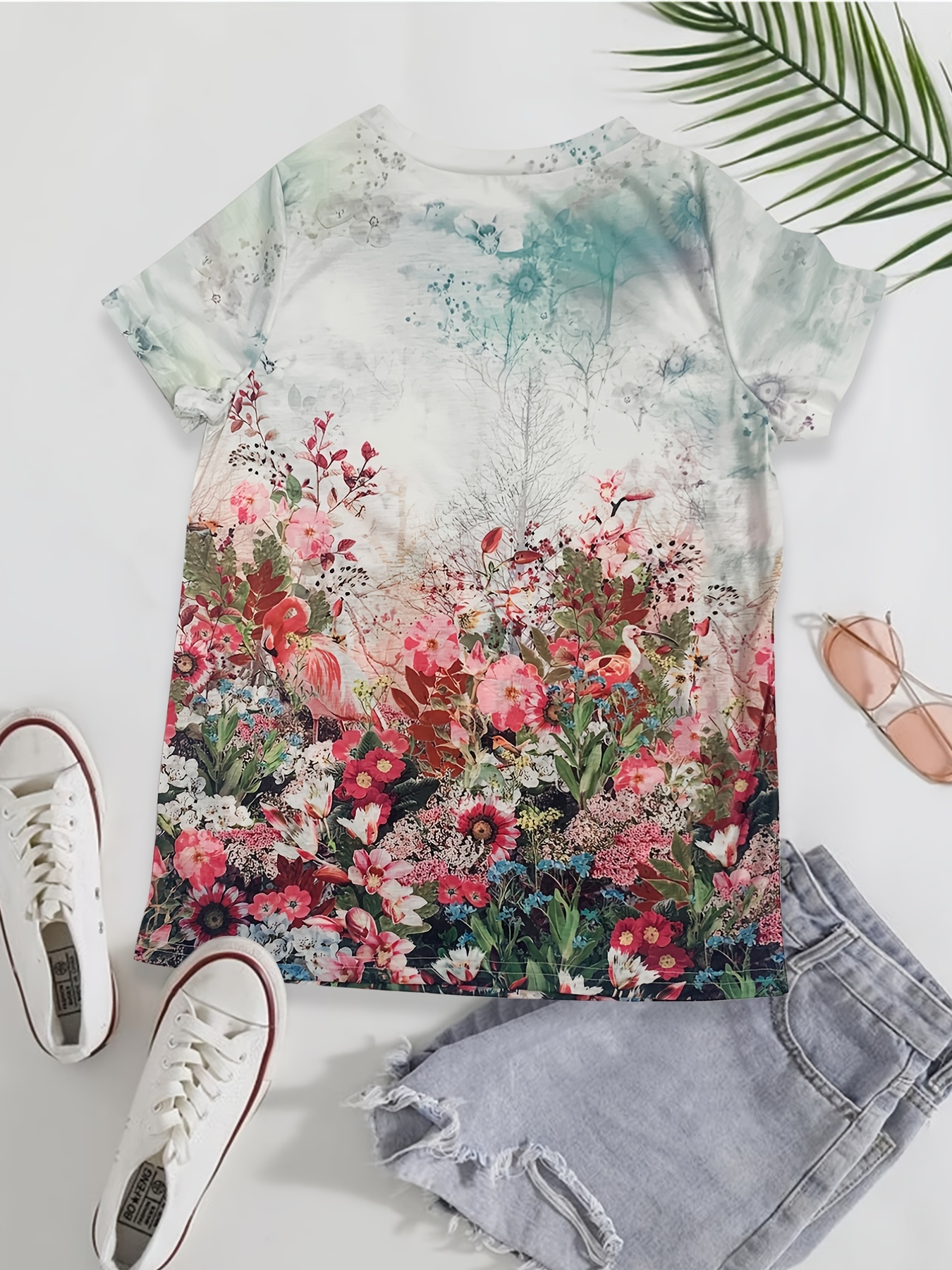 Summer Crew Neck Short Sleeve Tops Womens Casual Chic Floral Print