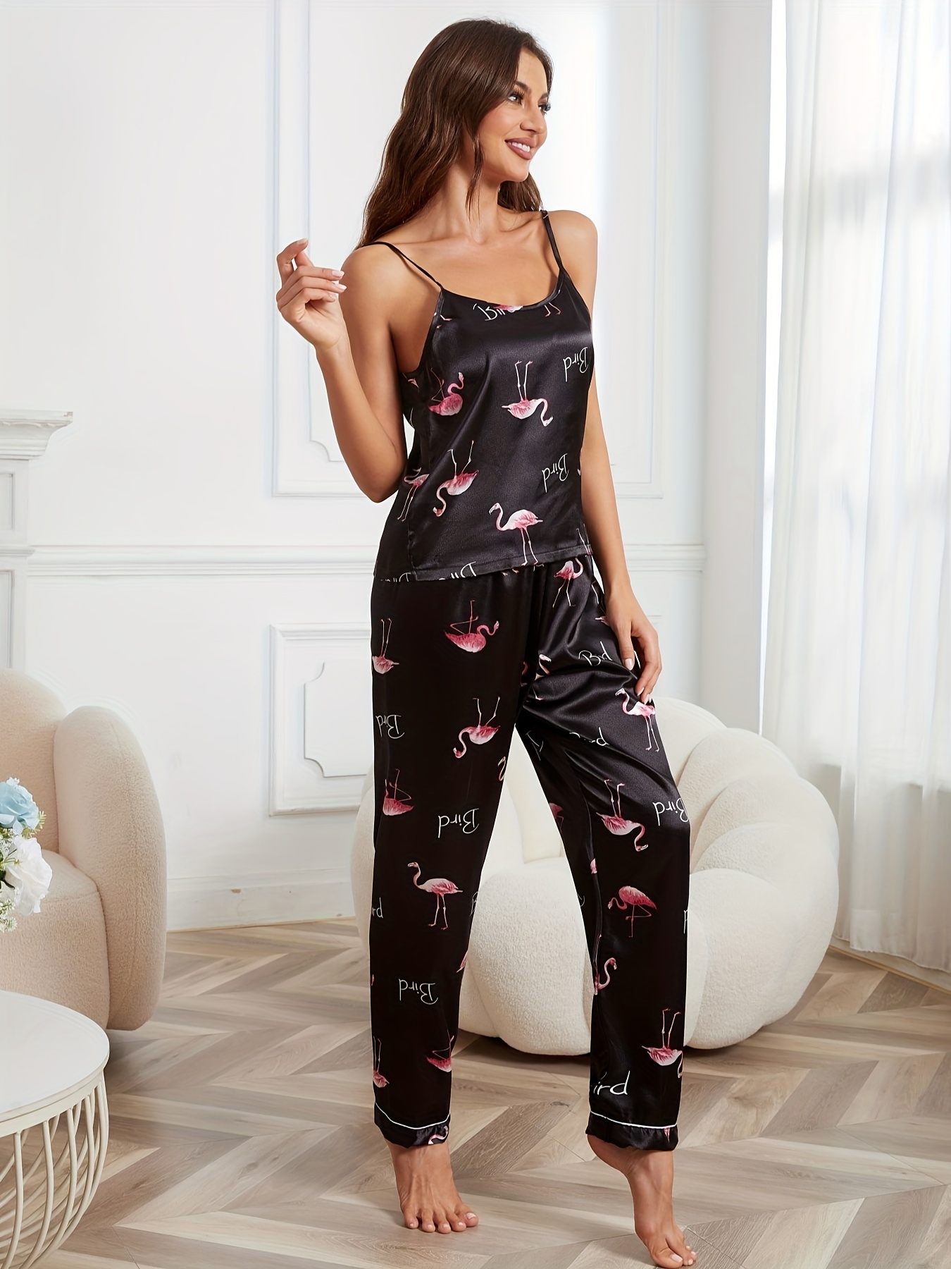 Plus Size Cute Pajama Set, Women's Plus Flamingo & Heart Print Round Neck  Cami Top & Pants Lounge Two Piece Set