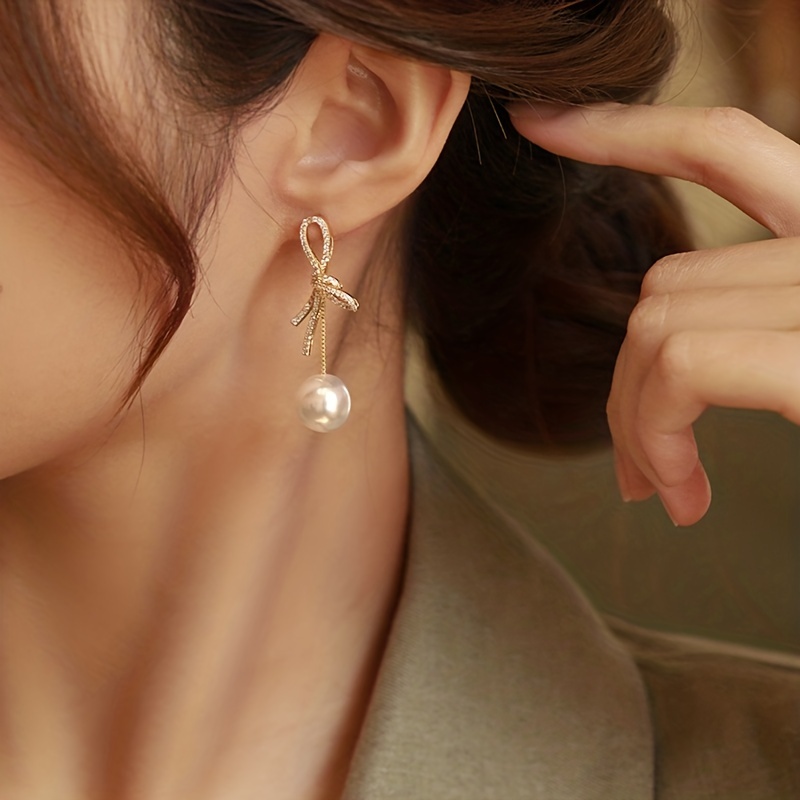 Full Shiny Rhinestone Inlaid Bow Faux Pearl Decor Dangle Earrings Elegant  Sexy Style Delicate Female Gift