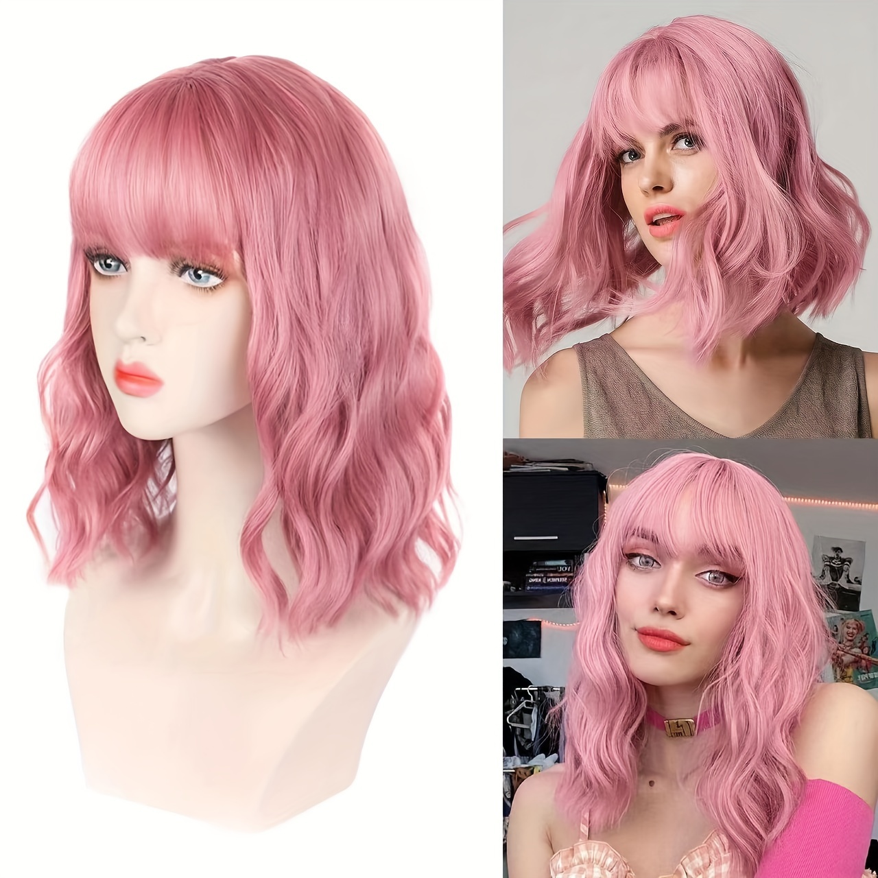 14 inch pink bob wavy hair wigs shoulder length wavy curly Temu