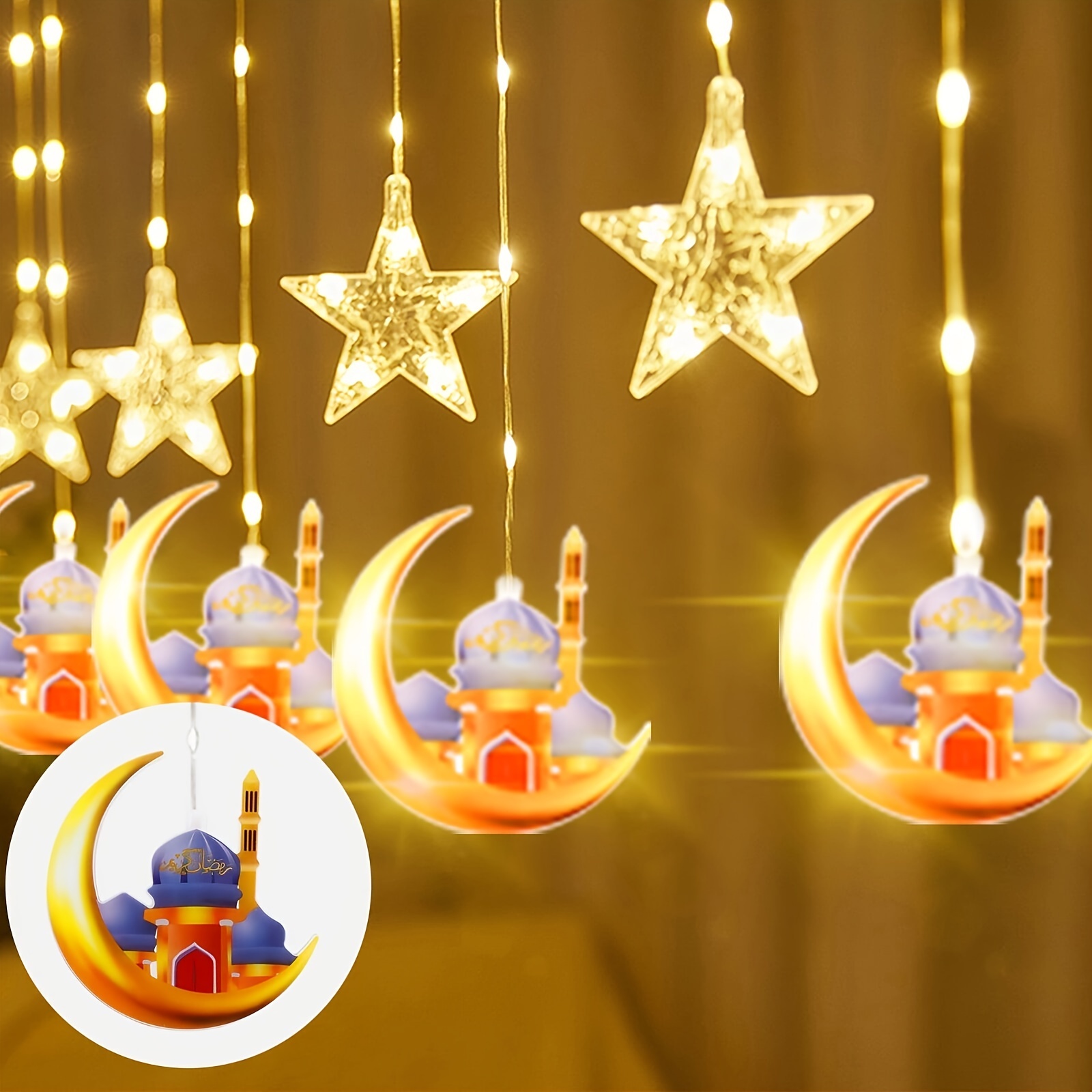Enhon Lumières de Fenêtre Décoratives Fête de Ramadan, Lampes Lune Étoile  Fête de Ramadan Suspendues Portables avec Ventouse, Lumière Décor Islam