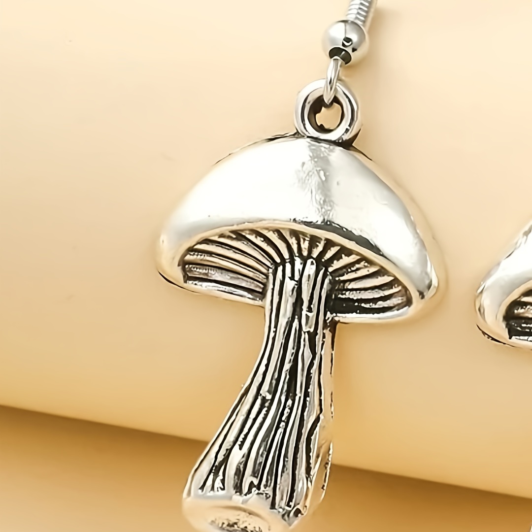 Vintage Silver Color Mushroom Drop Earrings Vegetarian Lover Jewelry