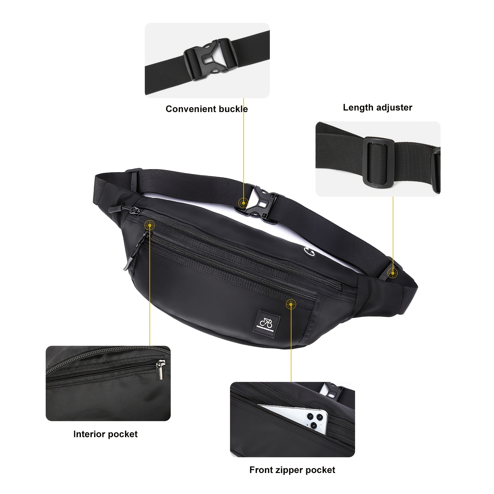 Fanny Packs for Women & Men Unisex Waist Bag Pack with Headphone Jack and Zipper Adjustable Strap Black Fanny Pack for Outdoors & Gym