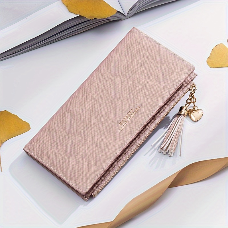 Foldable Long Wallet for Women, Tassel Decor Clutch Purse, Ultra Slim Wallet with Multi Card Slots, Christmas Styling & Gift,Temu