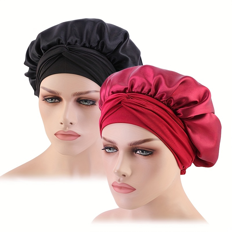 2pcs Silk Bonnet For Sleeping, Hair Bonnet For Curly Hair, Satin Bonnets  For Sleeping, Soft Elastic Band Satin Sleep Cap (black+pink)