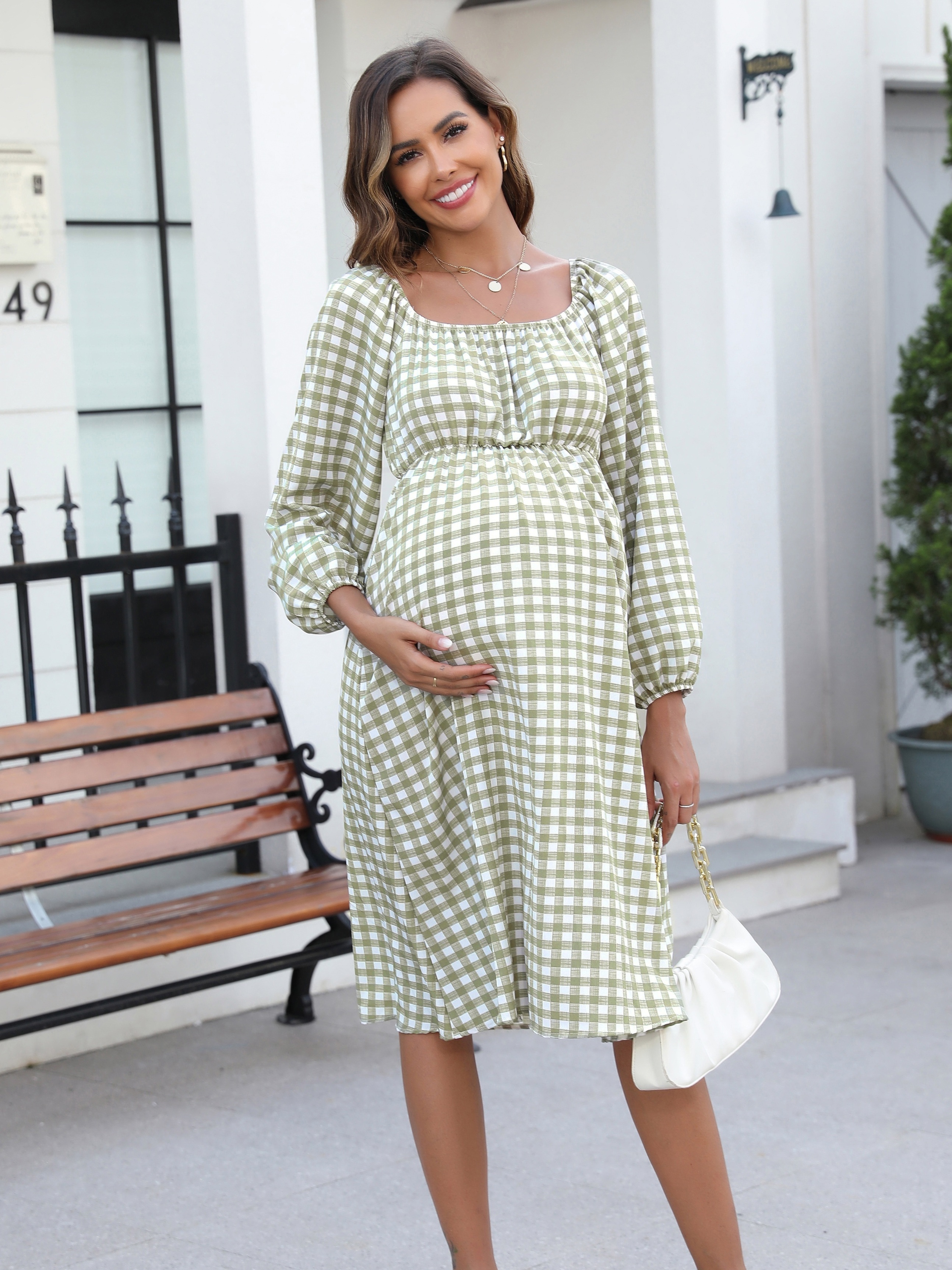 Stylish Lady Square Neck Long Sleeve Plaid Dress Maternity Dress