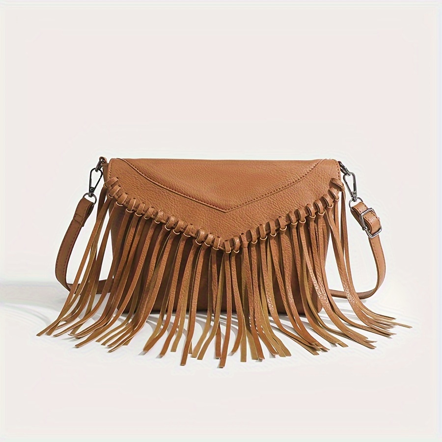 Vintage PU Leather Boho Crossbody Fringe Purse Shoulder Bag for Women, Brown