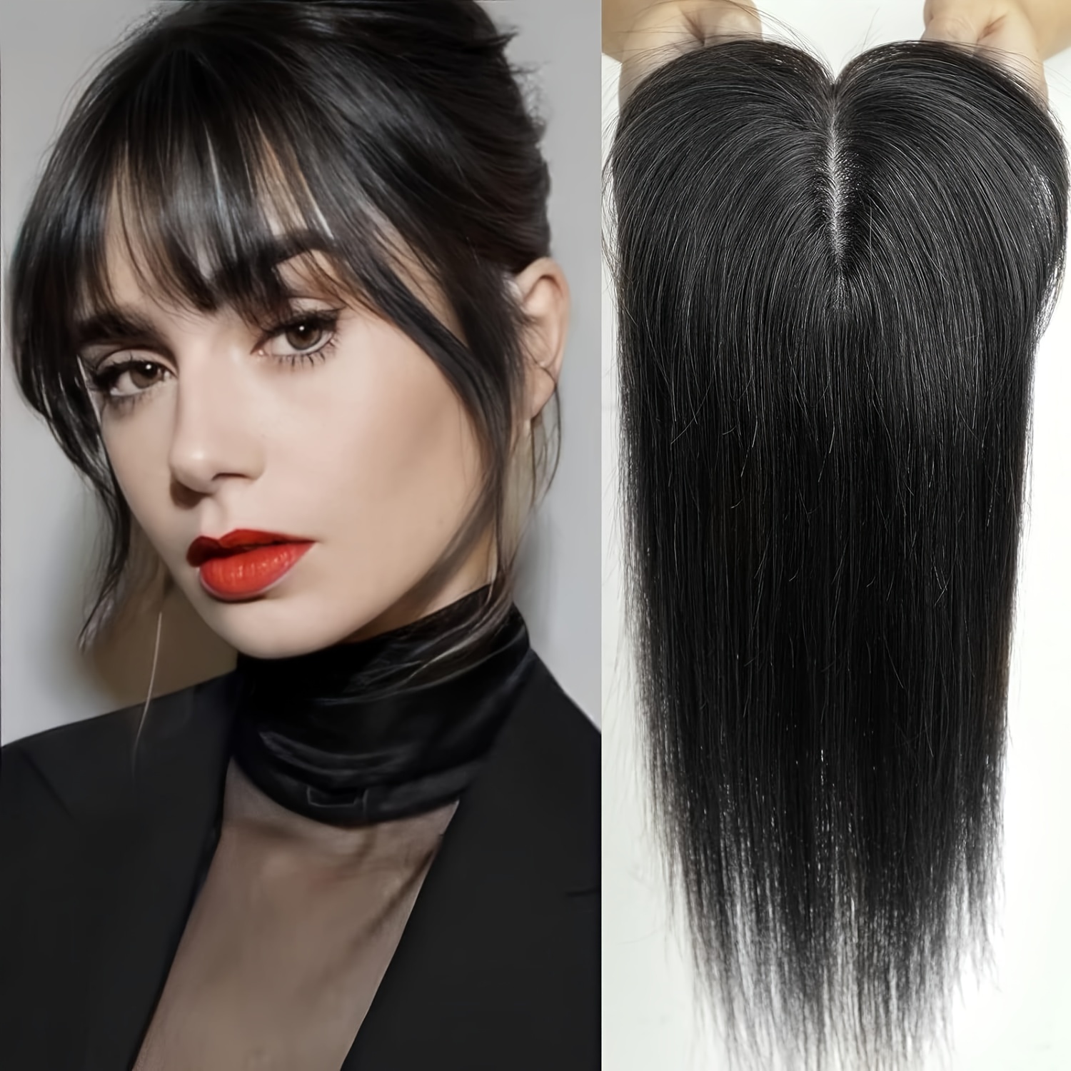 Clip in capelli veri umani topper capelli naturali ondulati, 16 x 15,2 cm,  con base in seta, per donne con capelli diradanti, 35,6 cm, colore marrone  scuro, parte libera : : Bellezza