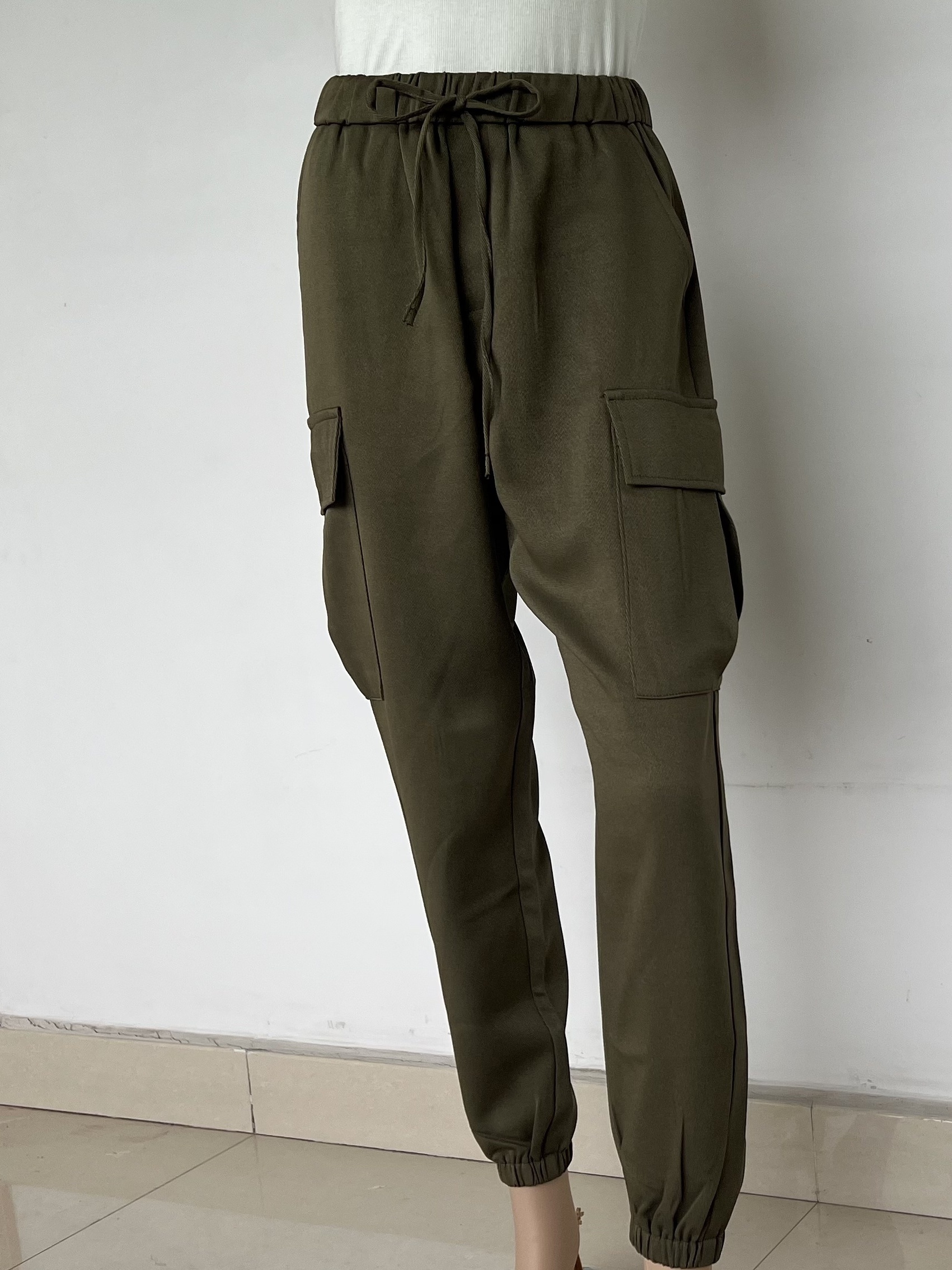 Solid Drawstring Cargo Pants Casual Long Length Baggy Pants - Temu
