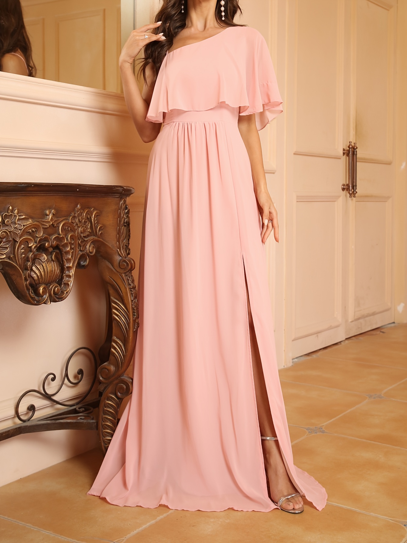 Solid Color One-shoulder Dress, Elegant Sleeveless Flutter Sheath Dress For  Wedding Party, Women's Clothing