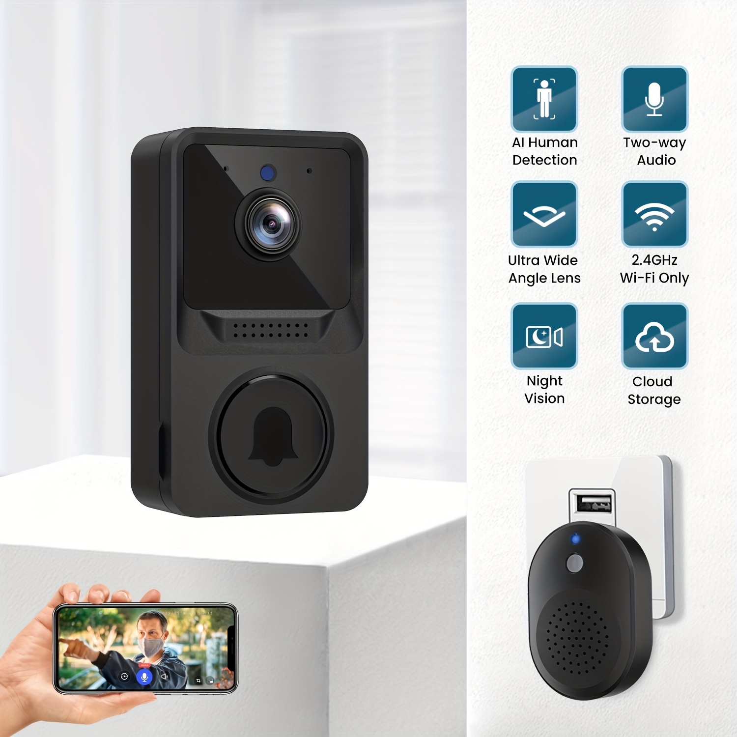 Wireless Camera Doorbell (Build-in Battery), Smart Doorbell Camera With Chime, 2 Way Audio, Night Vision, 2.4G WiFi, Instant Alerts, Cloud Storage, Battery Powered WiFi Camera Doorbell For Home Security