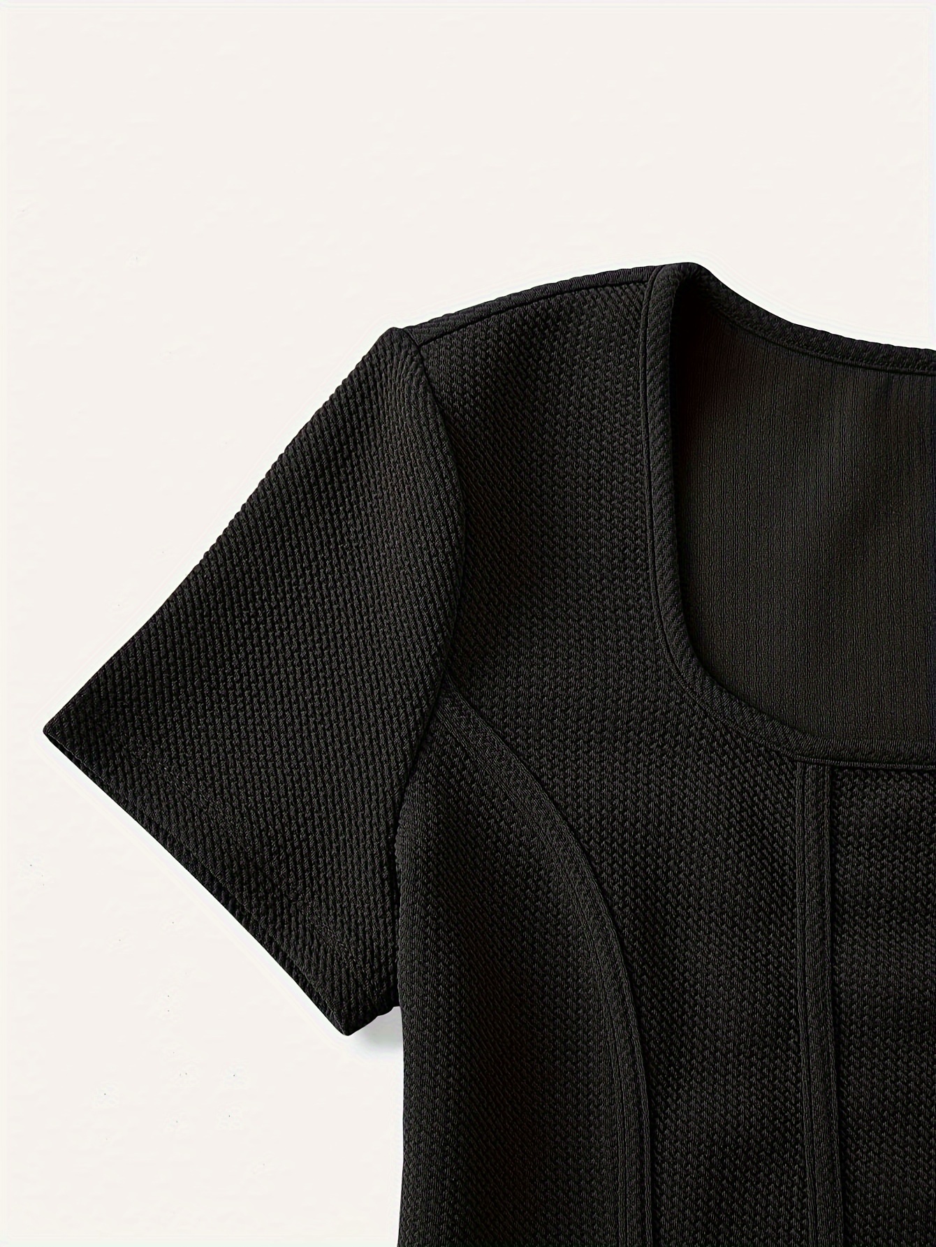 Solid Color Square Neck Bustier T-shirt, Casual Short Sleeve Crop Knitted T-Shirt For Summer, Women's Clothing