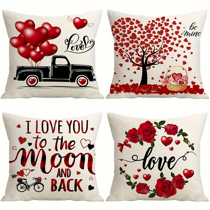 

4pcs Valentine's Day Throw Pillow Covers 18x18 Inch - Romantic Checkered With Rose, Heart, Truck Designs - Zippered Polyester Cushion Cases For Sofa & Home Decor