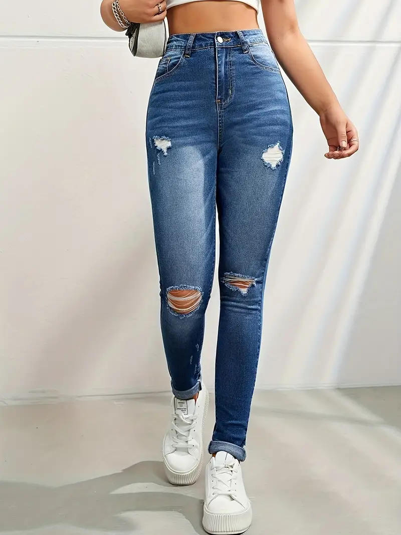 Blue Ripped Holes Skinny Jeans, Slim Fit Distressed Slight Stretch Slant  Pockets Tight Jeans, Women's Denim Jeans & Clothing