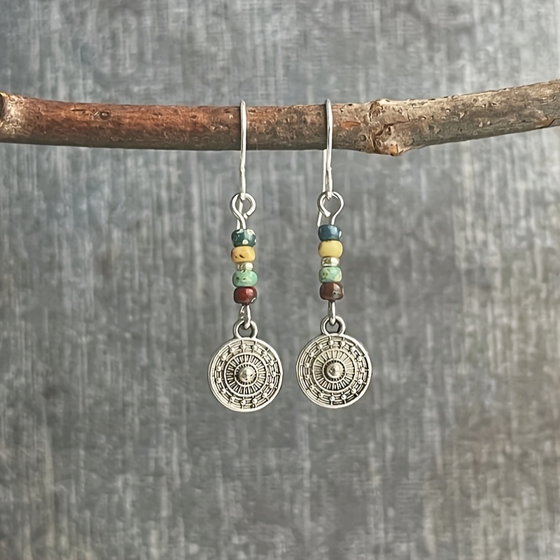 

1pair Bohemian Retro Engraved Pattern Round Pendant Beaded Earrings